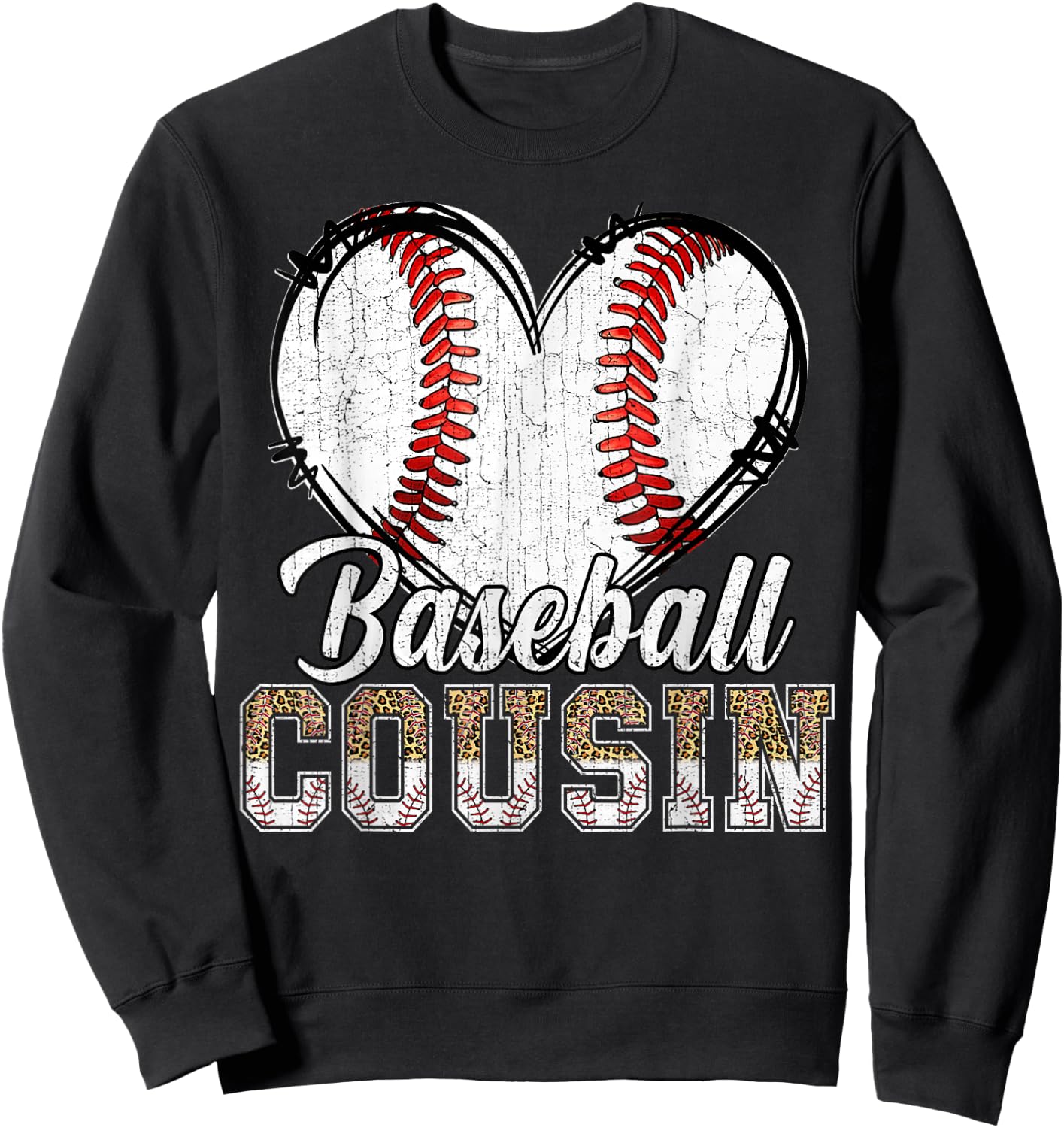 Softball Baseball Cousin Heart Leopard Print Mother's Day Sweatshirt - Sweatshirt | Black