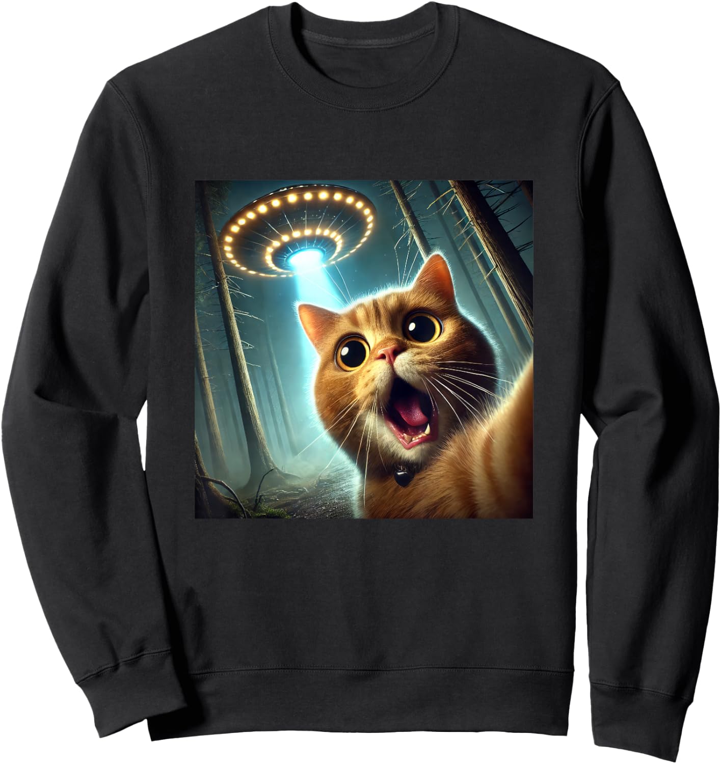 Cat Selfie With UFO Funny Alien UFO Sweatshirt - Sweatshirt | Black