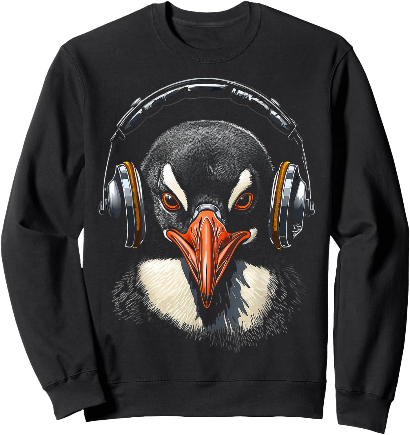 Penguin Headphone Animal Motif Music Artwork Penguin Sweatshirt - Sweatshirt | Black