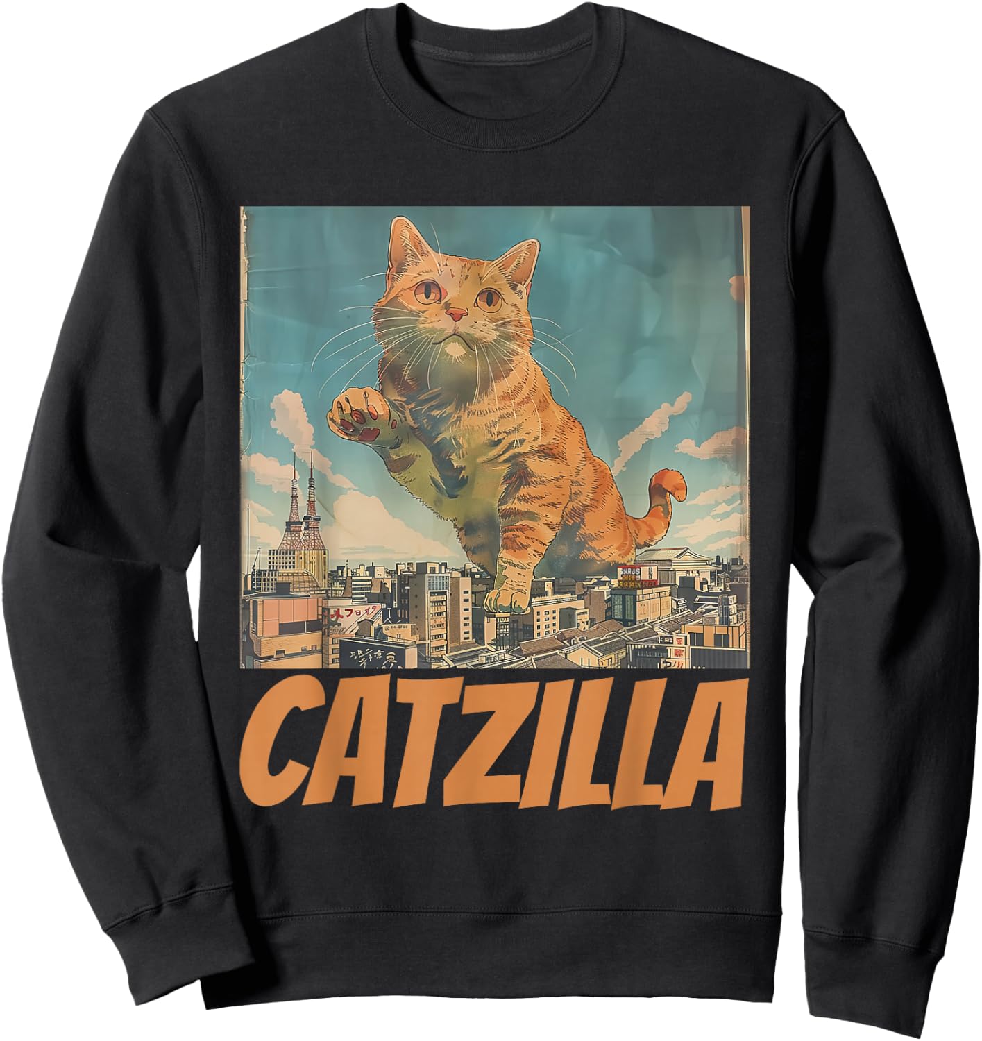 Funny Orange Cat Catzilla Japanese Art Women Sweatshirt - Sweatshirt | Black