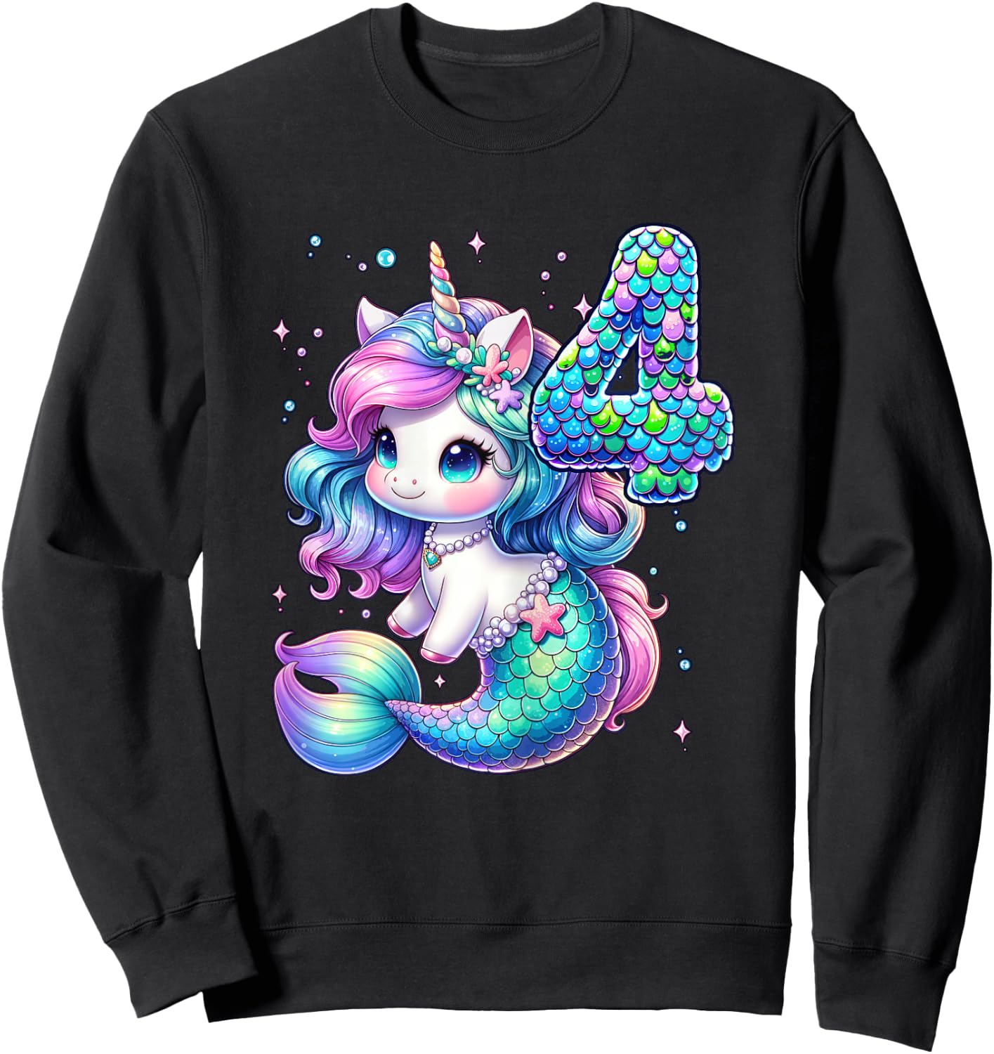 Unicorn Mermaid 4th Birthday 4 Year Old Party Girls Outfit Sweatshirt - Sweatshirt | Black
