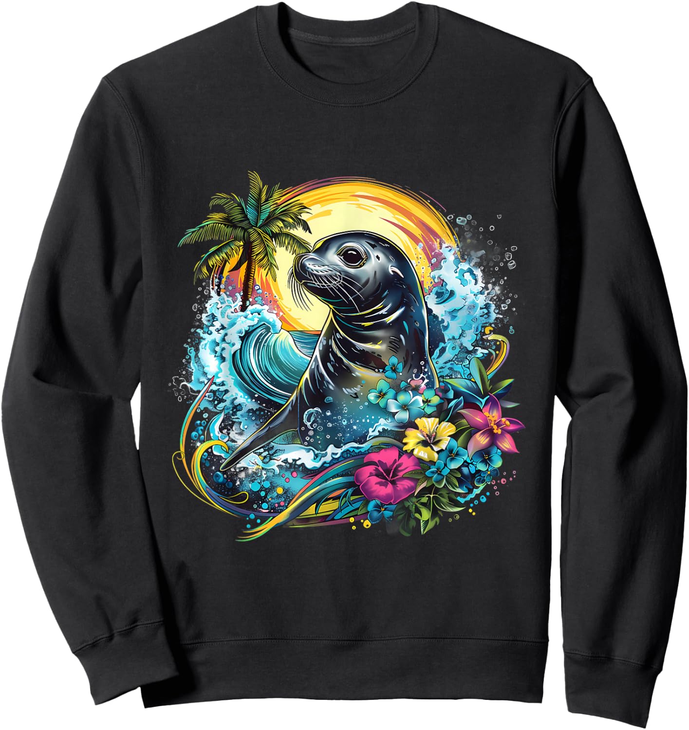 Seal Floral Marine Mammal Motif Seal Lover Ocean Sea Animal Sweatshirt - Sweatshirt | Black