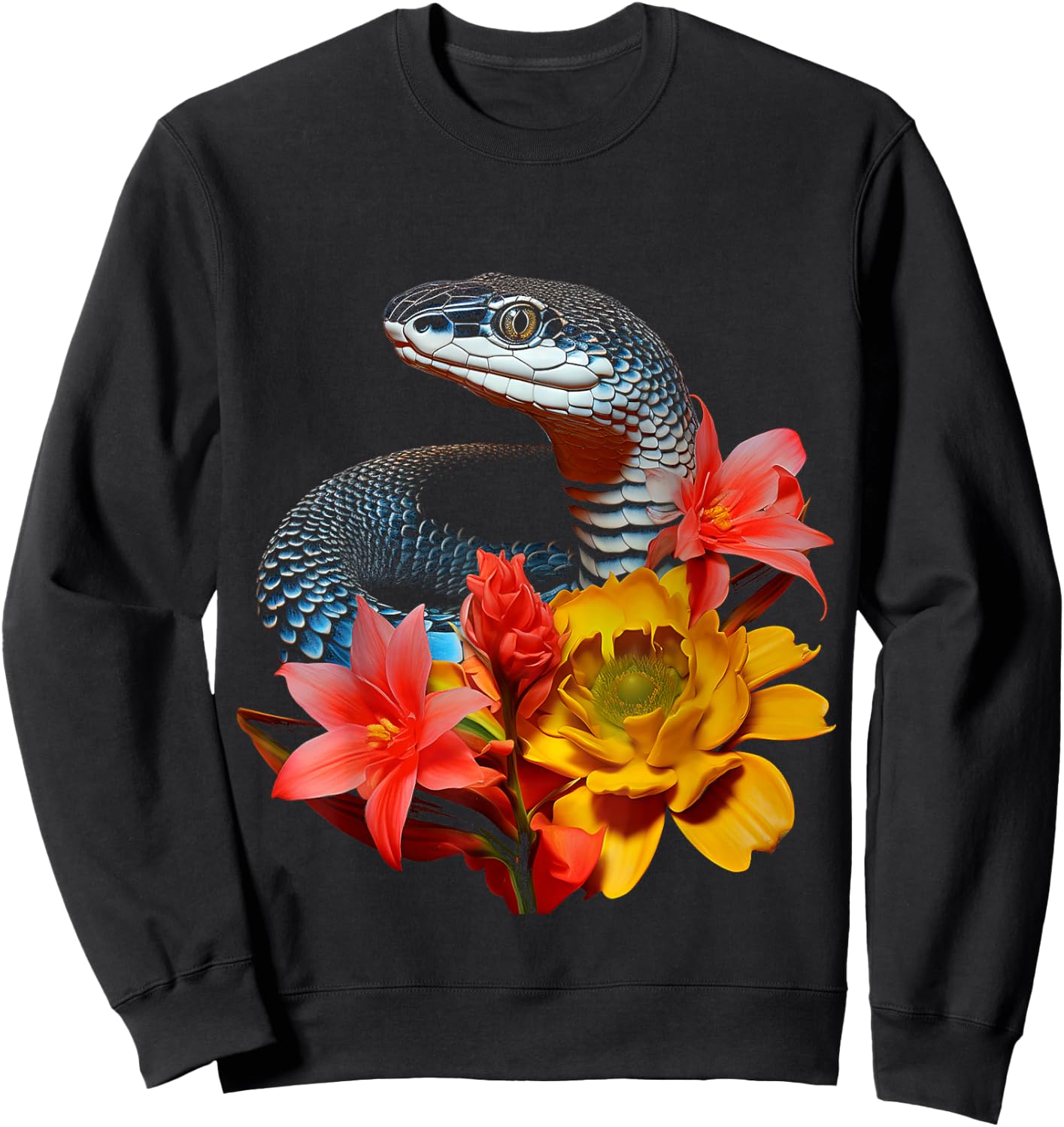 Snake Love Flowers Animal Portrait Art Graphic Snake Sweatshirt - Sweatshirt | Black