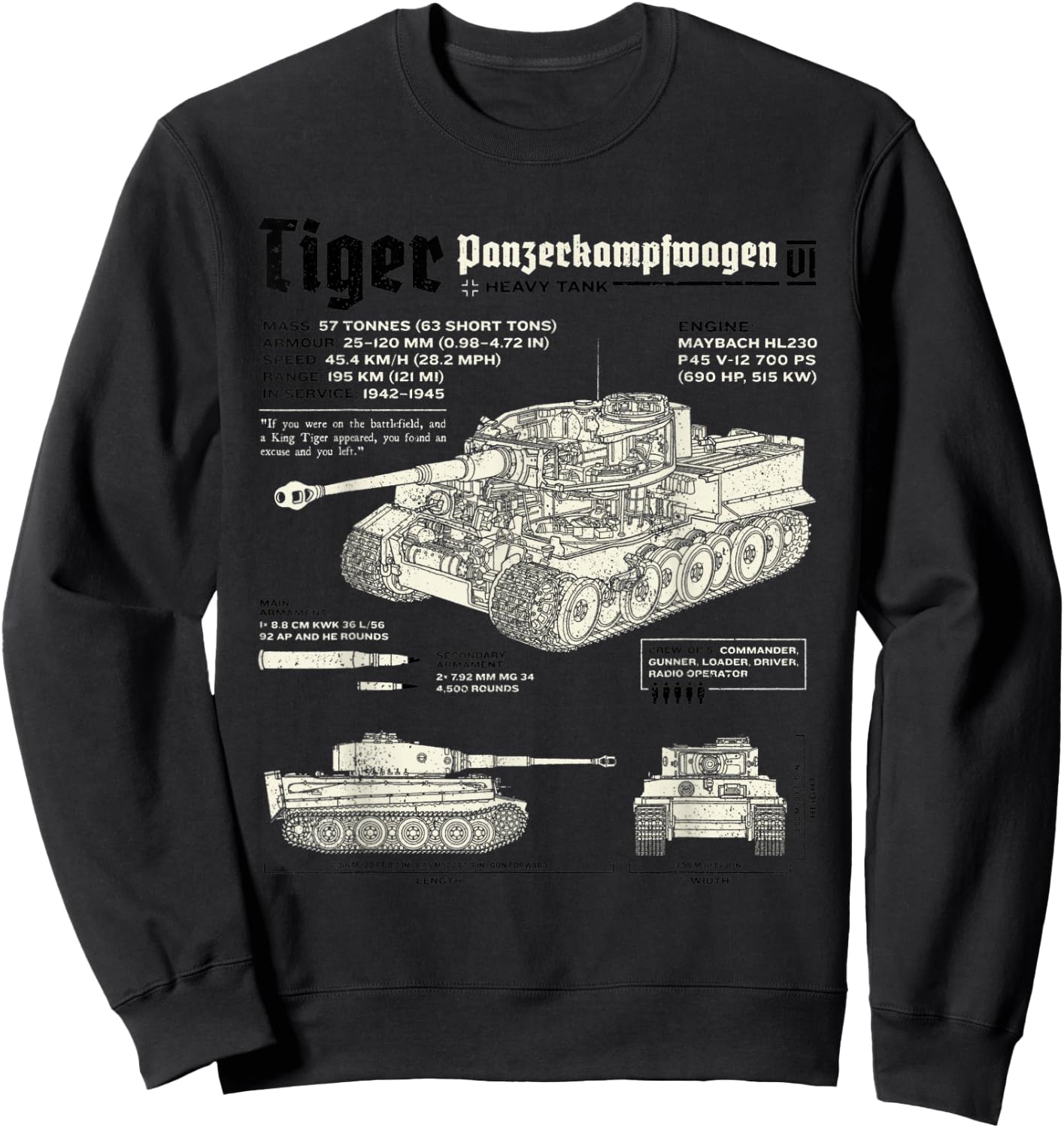 Tiger Tank Panzer World War 2 Blueprint Sweatshirt - Sweatshirt | Black