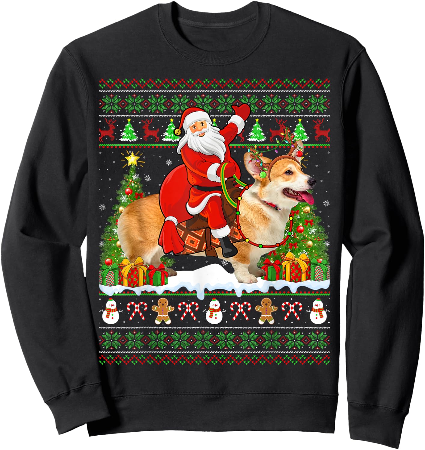Corgi Dog Lover Funny Ugly Santa Riding Corgi Christmas Sweatshirt - Sweatshirt | Black