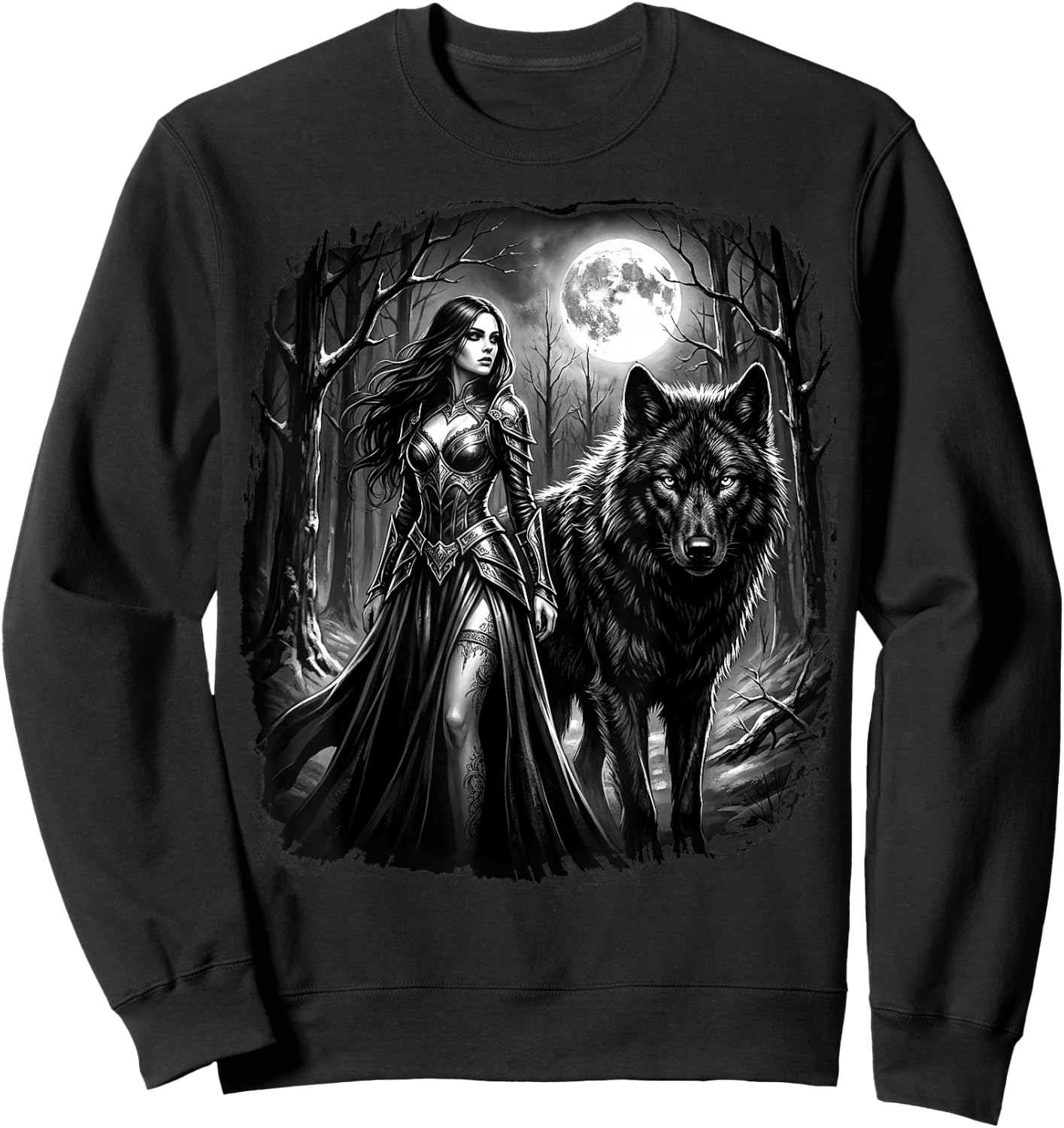 Fantasy Kriegerin Wolf Vollmond Gothic Motiv Sweatshirt - Sweatshirt | Black