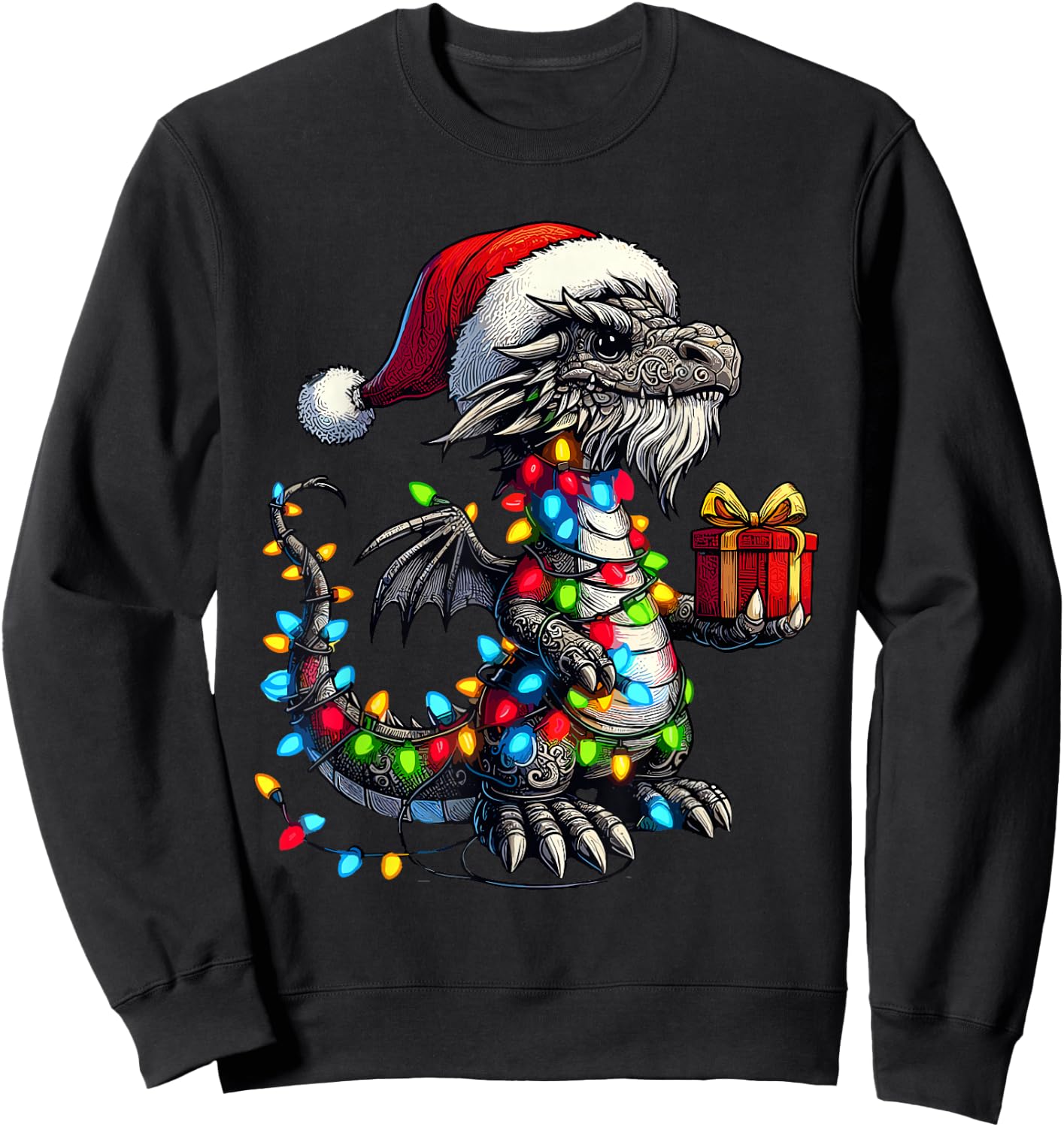 Dragon Wearing Santa Claus Hat Holding A Present Box Xmas Sweatshirt - Sweatshirt | Black