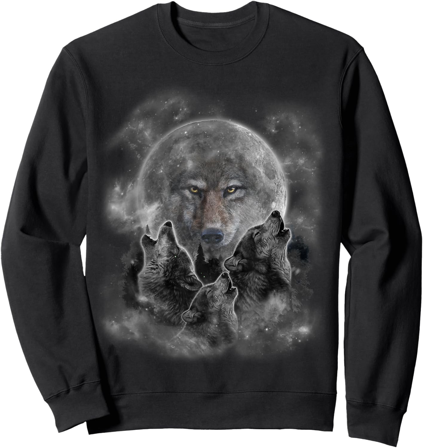 Three Wolves Howling, Full Moon w Wolf Silhouette Sweatshirt - Sweatshirt | Black