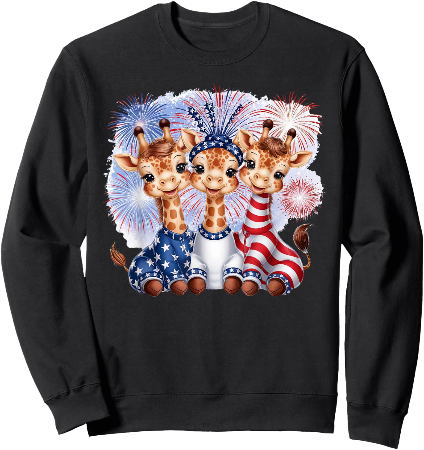 Giraffe 4th of July Party Patriotic Fireworks America Flag Sweatshirt - Sweatshirt | Black