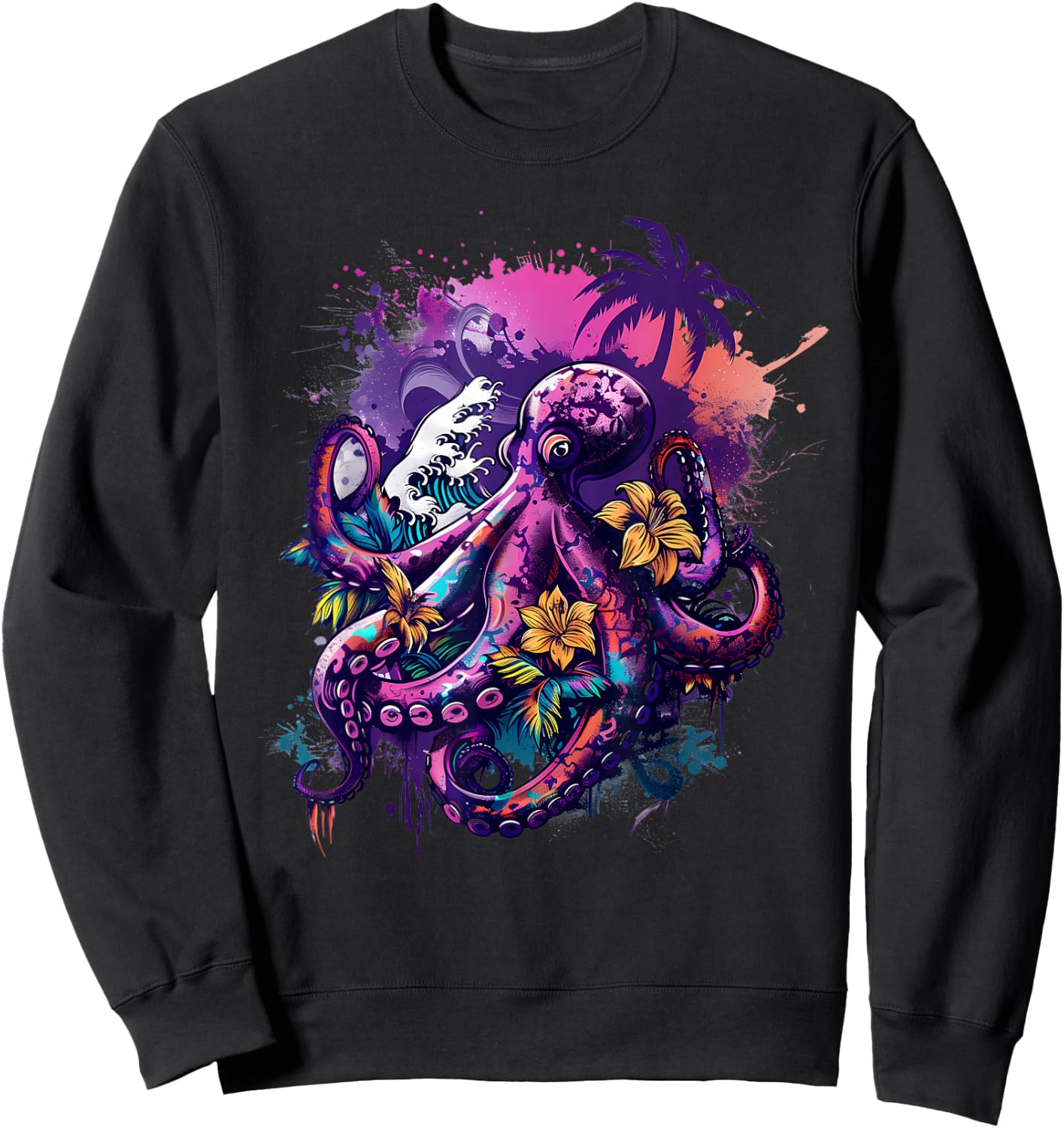 Octopus Sea Creature Artwork Floral Kraken Sea Ocean Octopus Sweatshirt - Sweatshirt | Black