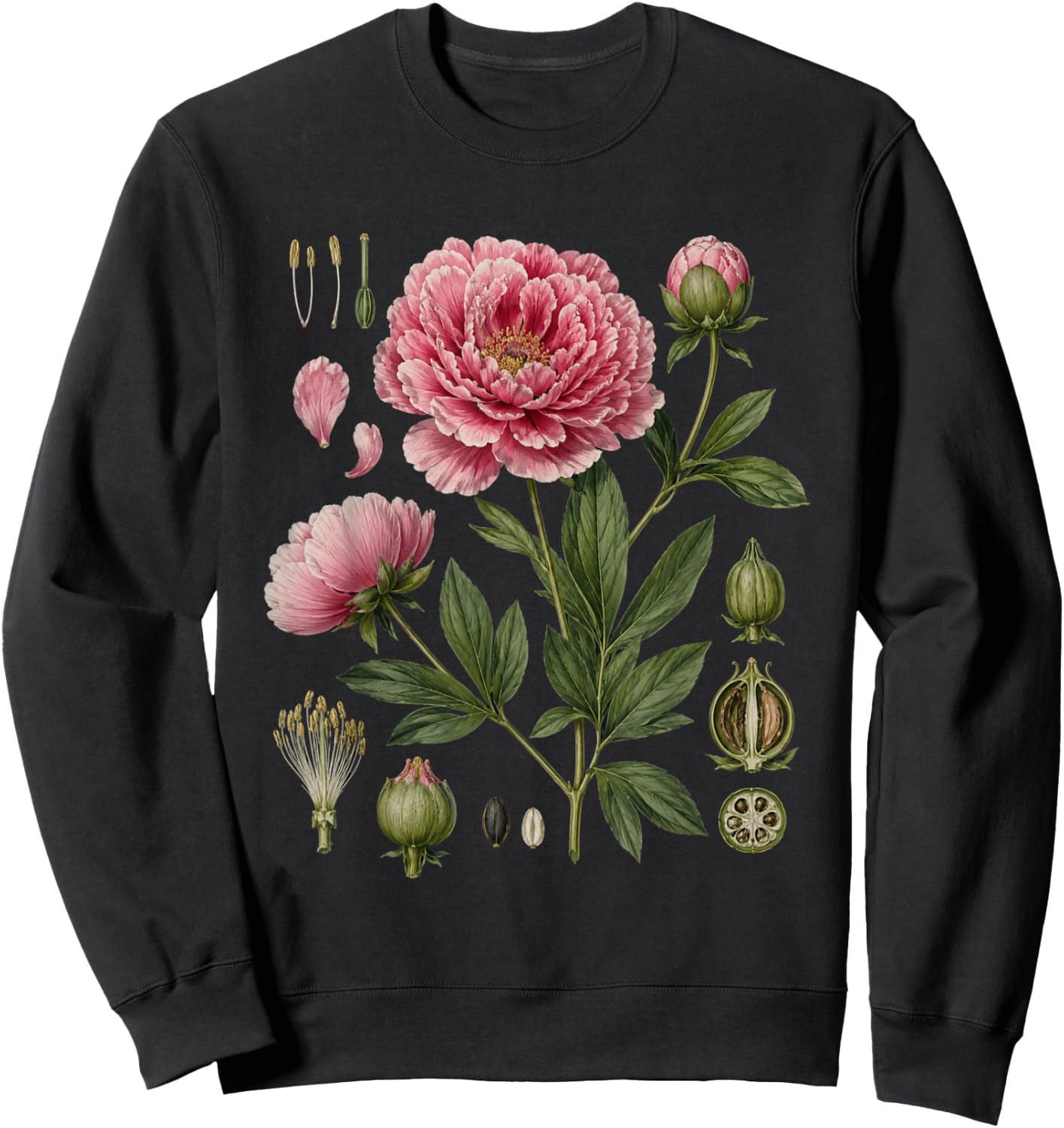 Peony Anatomy Botanical Illustration Women Flower Peony Sweatshirt - Sweatshirt | Black