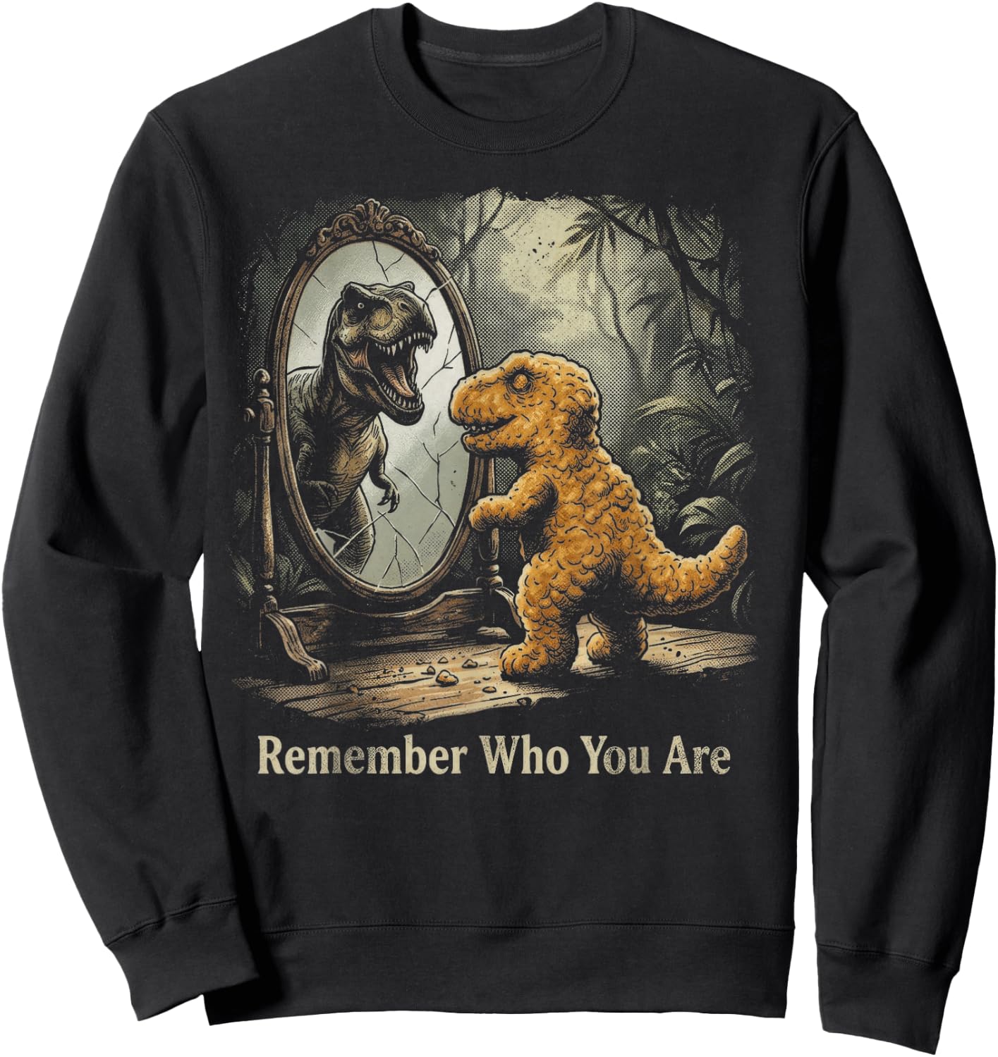 Dinosaur Chicken Nugget Remember Who You are Dino Mirror Sweatshirt - Sweatshirt | Black