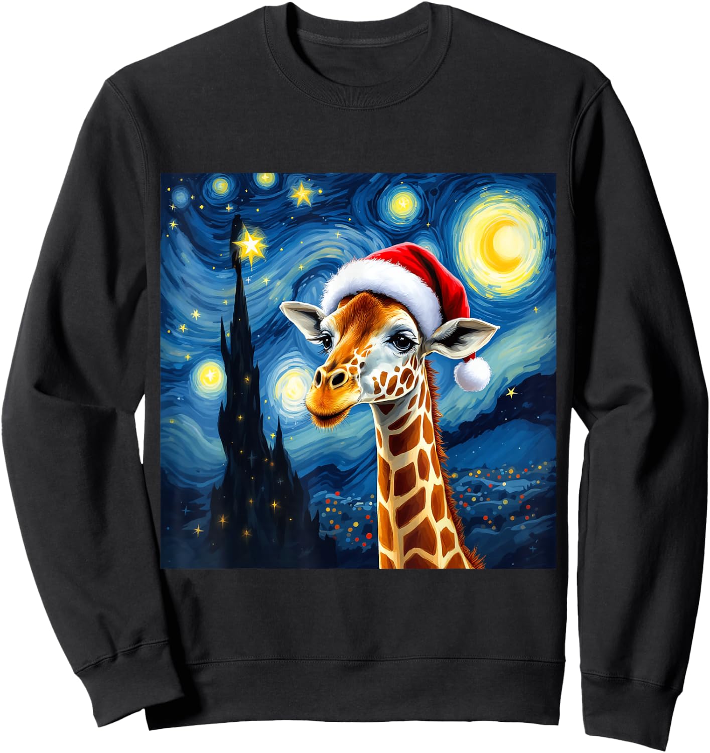 Christmas Giraffe Santa Hat Van Gogh Starry Night Holiday Sweatshirt - Sweatshirt | Black