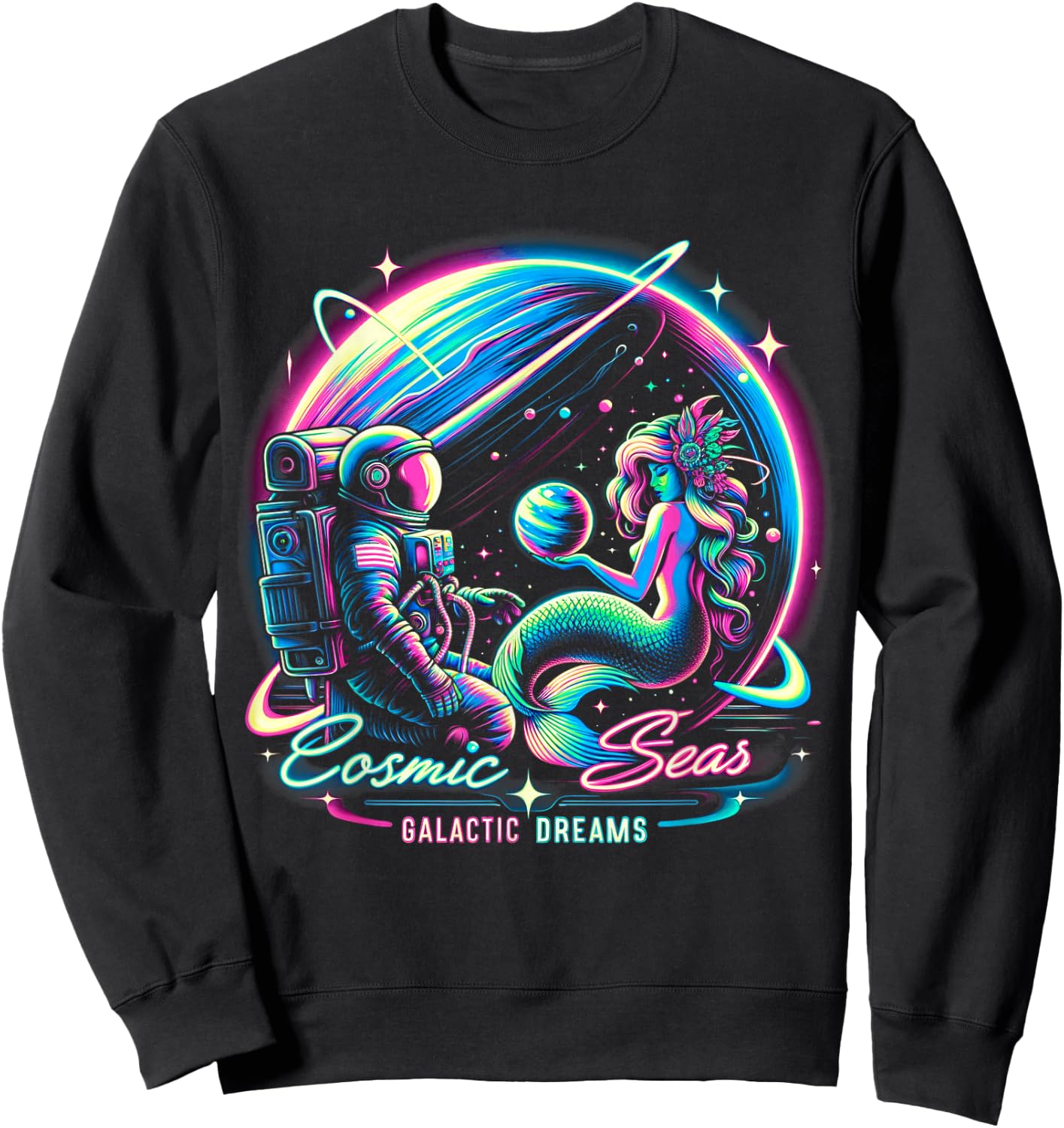 Cosmic Encounter - Astronaut Meets Space Mermaid Psychedelic Sweatshirt - Sweatshirt | Black