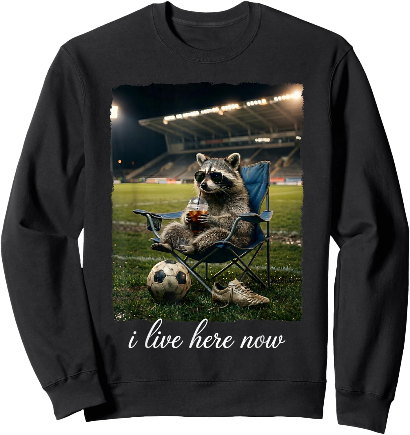 I Live Here Now Soccer Funny Raccoon Iced Coffee Sweatshirt - Sweatshirt | Black