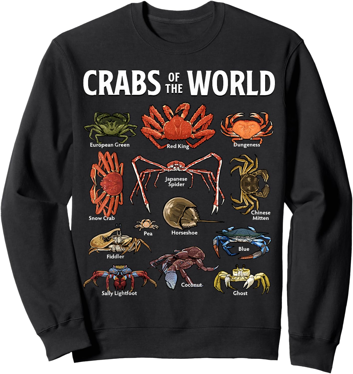 Crabs of the World Marine Life Crabs Illustration Sweatshirt - Sweatshirt | Black