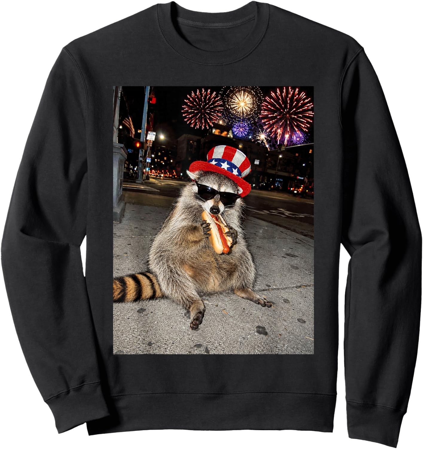 Funny Raccoon Eating Hot Dog 4th of July Men Women Kids Sweatshirt - Sweatshirt | Black