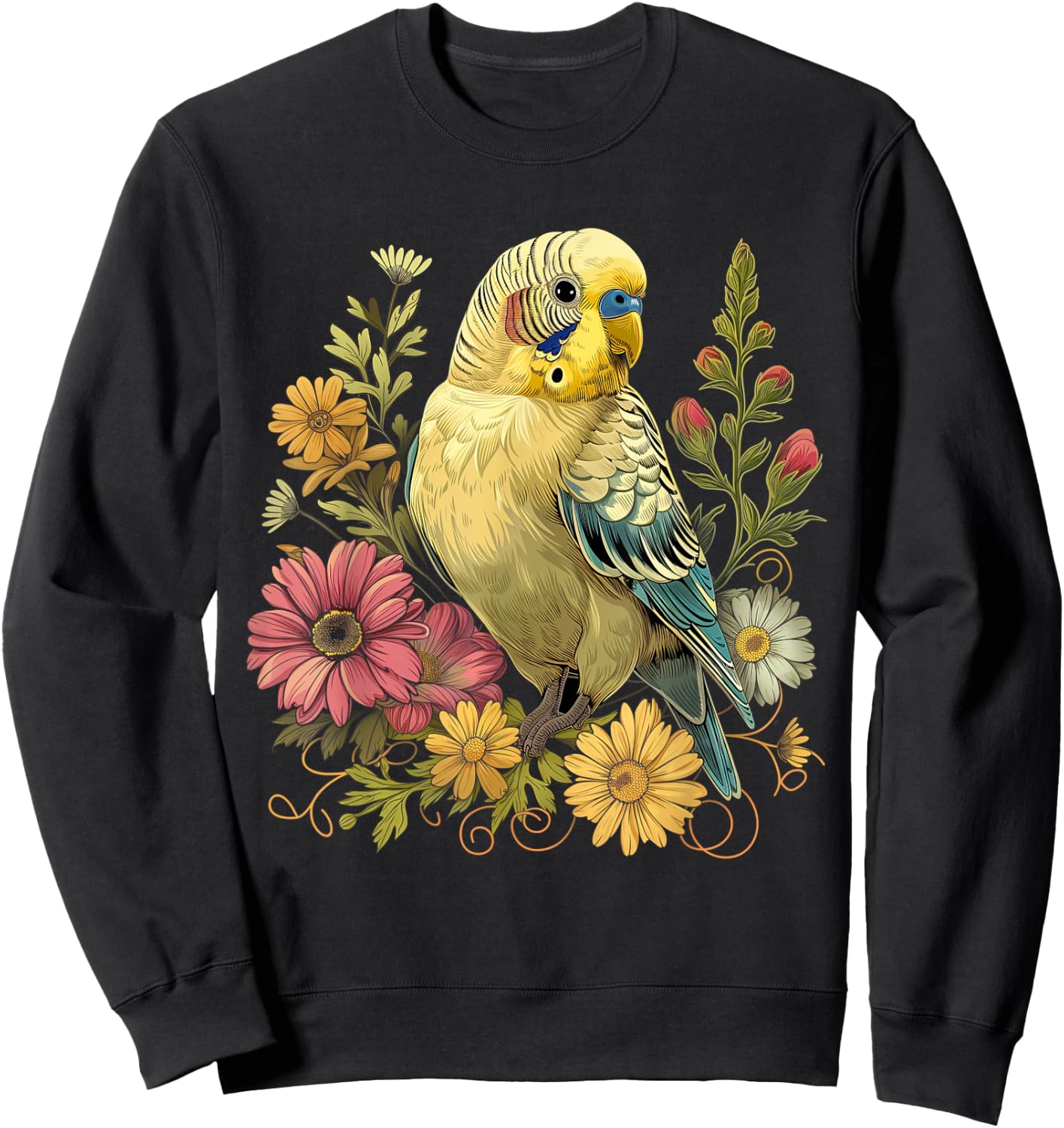 Budgie Parakeet Bird Mom Budgerigar Parrot Vintage Flower Sweatshirt - Sweatshirt | Black