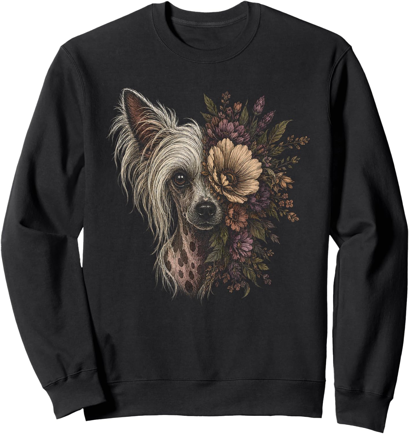 Floral Chinese Crested Dog Artwork Design Sweatshirt - Sweatshirt | Black