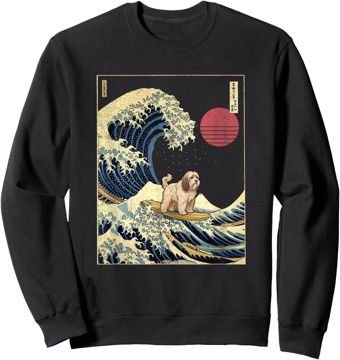 Tibetan Terrier Japanese Kanagawa Wave Funny Surf Dog Sweatshirt - Sweatshirt | Black