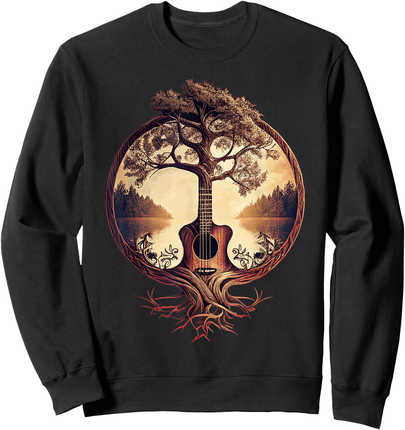 Acoustic Guitar Tree at the Edge of the Lake for Guitarist , Black, S Sweatshirt - Sweatshirt | Black