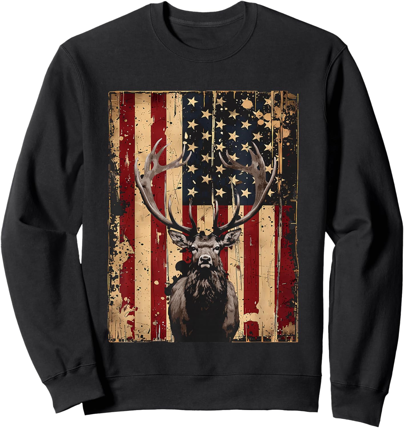American Flag Outdoor Antlers Elk Deer Sweatshirt - Sweatshirt | Black
