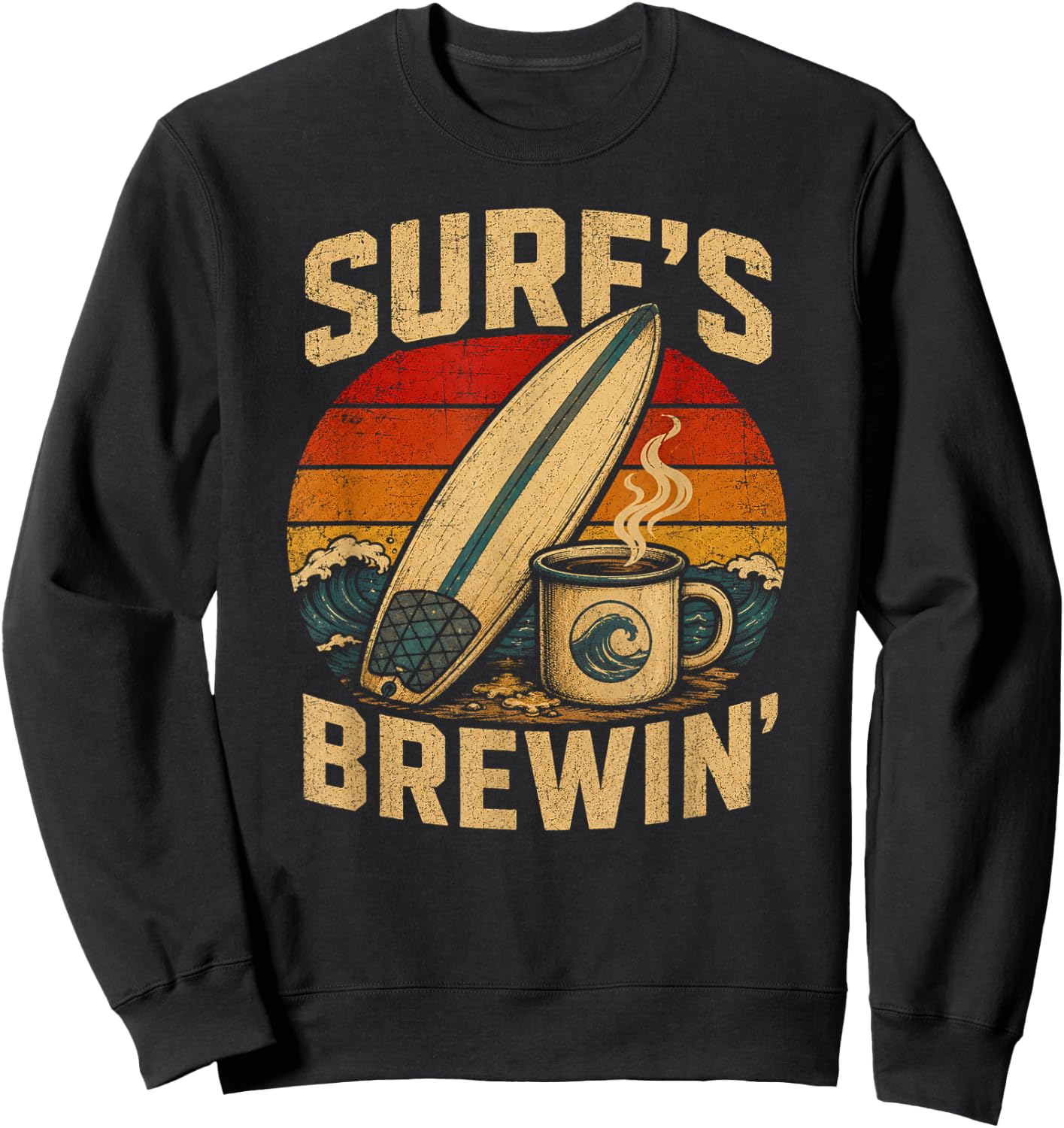 Surfboard Coffee Retro Beach Wave Vintage Sunset Sweatshirt - Sweatshirt | Black