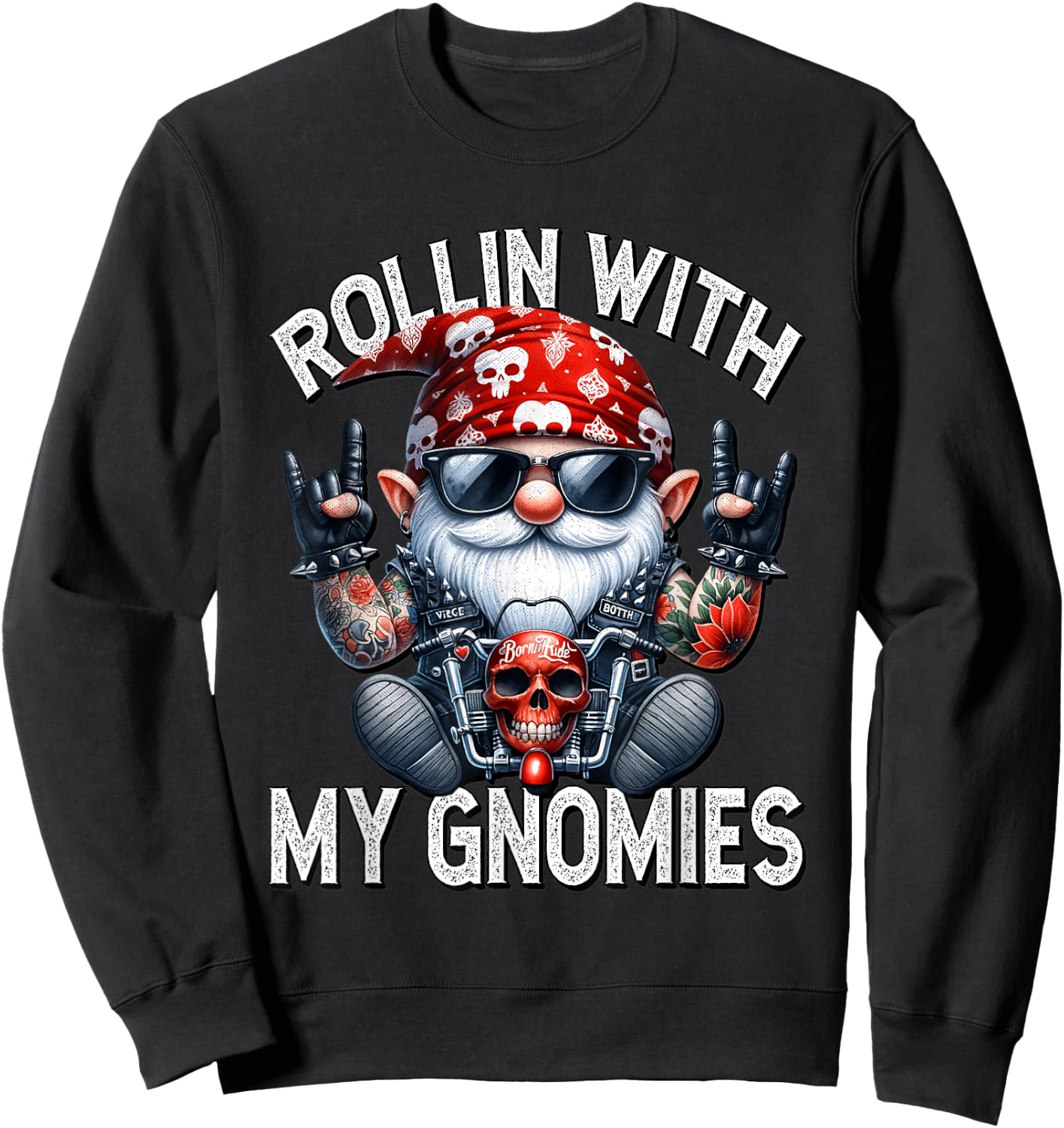 Funny Motorcycle Gnome For Biker Dad Rollin With My Gnomies Sweatshirt - Sweatshirt | Black