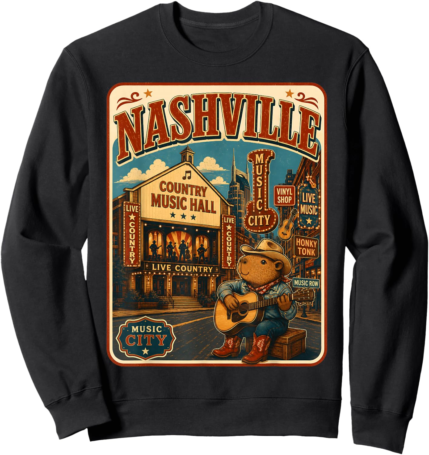 Nashville Capybara Travel Postcard Country Guitar Sweatshirt - Sweatshirt | Black