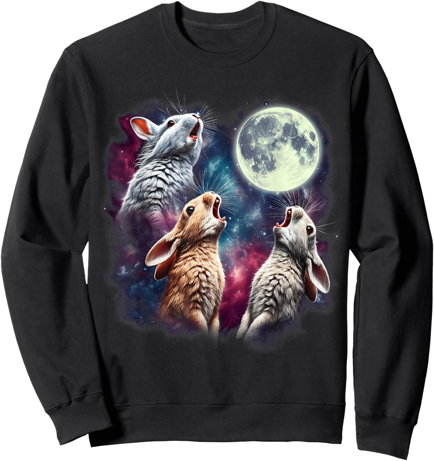 Three Rabbits Howling at Moon Funny Bunny Weird Cursed Meme Sweatshirt - Sweatshirt | Black