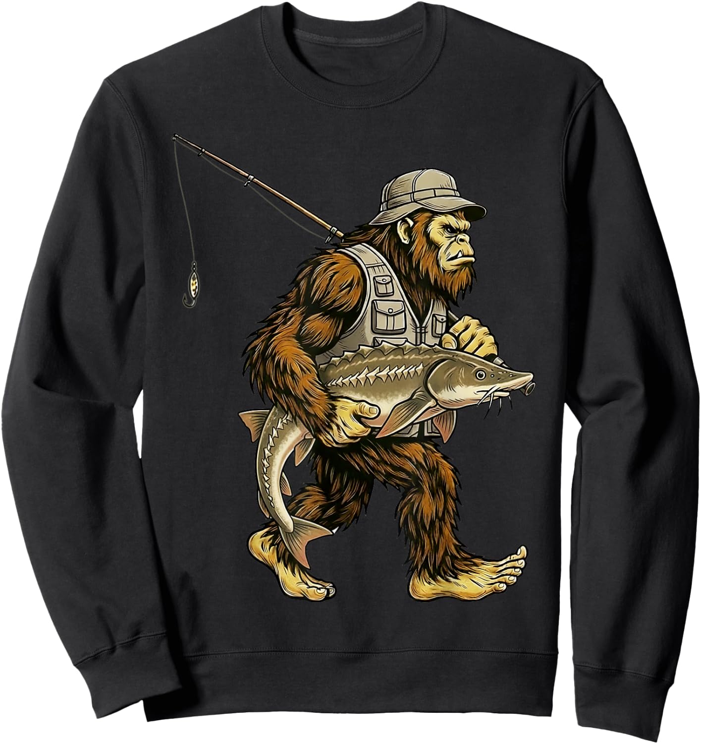 Sturgeon Bigfoot Fisherman River Fishing Sasquatch Sweatshirt - Sweatshirt | Black