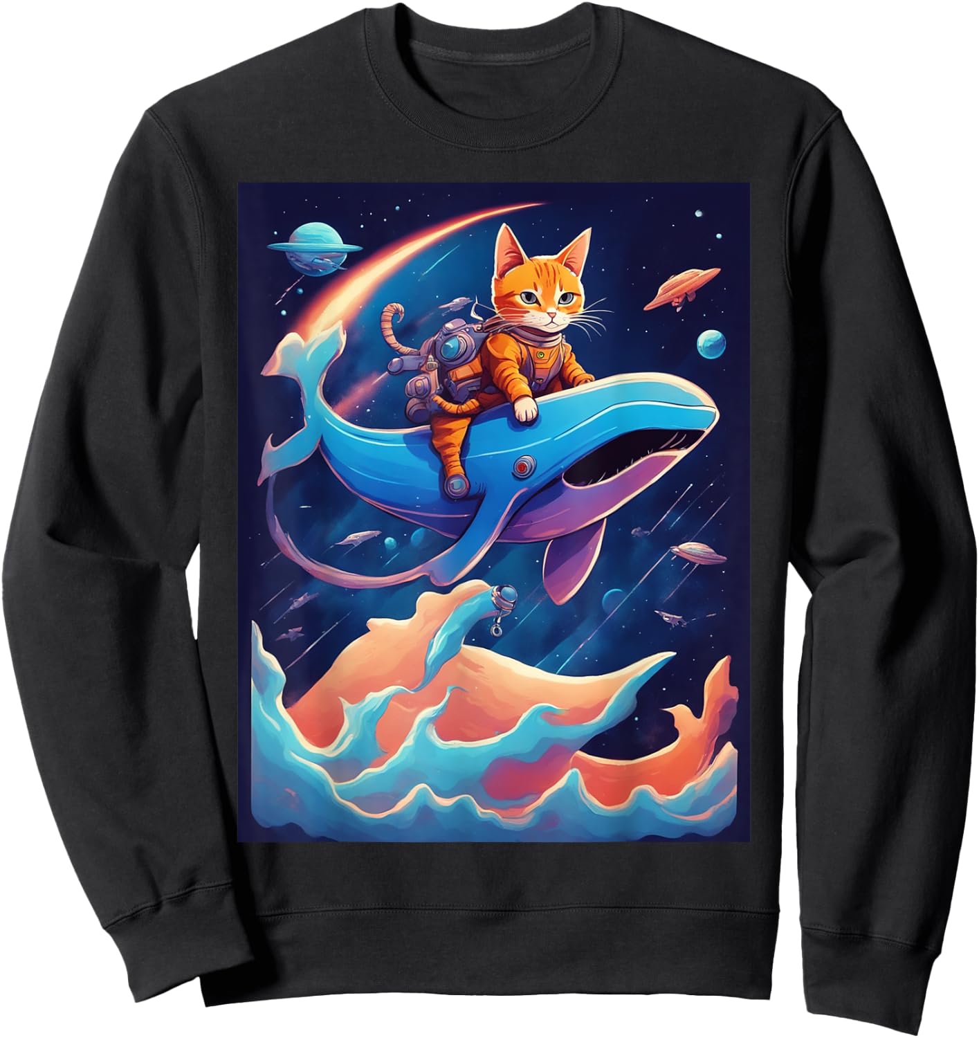 Cat Riding a Whale Fantasy Scene Sweatshirt - Sweatshirt | Black