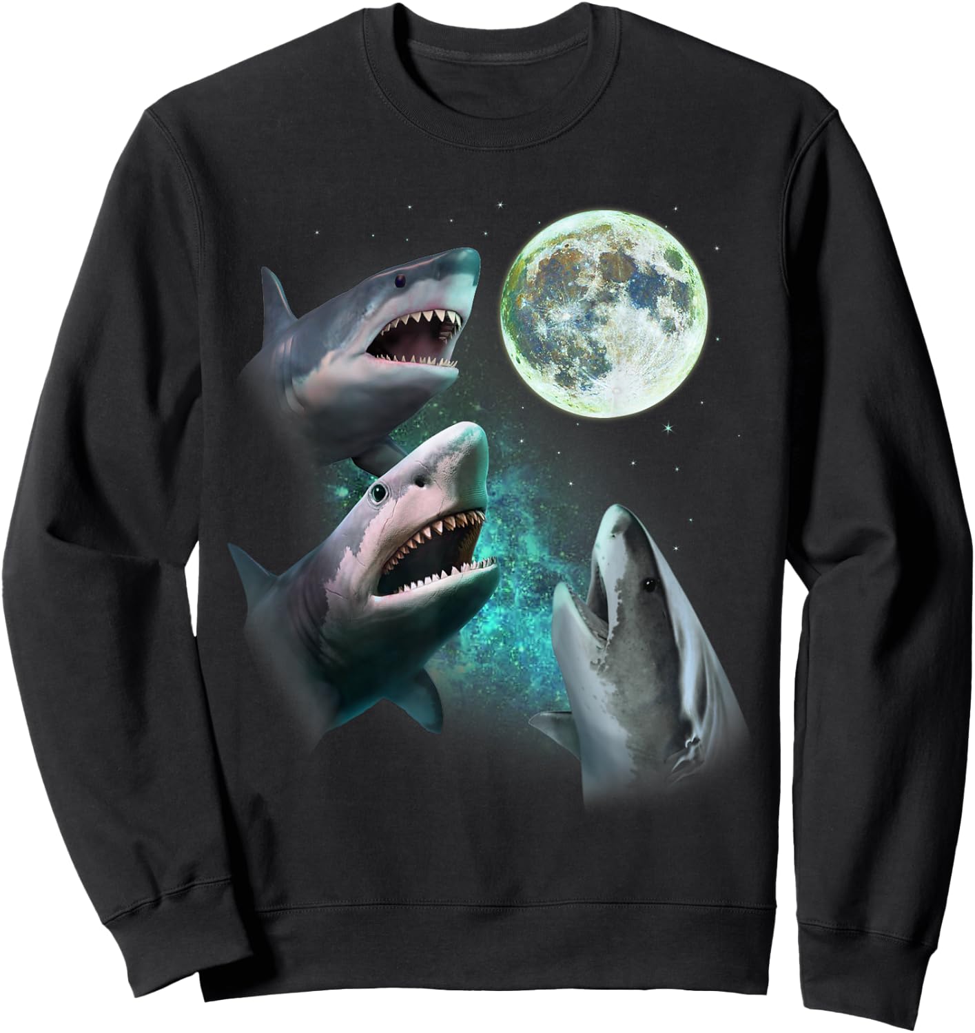 Three Great White Sharks Howl at Moon 3 Wolfs Funny Parody Sweatshirt - Sweatshirt | Black