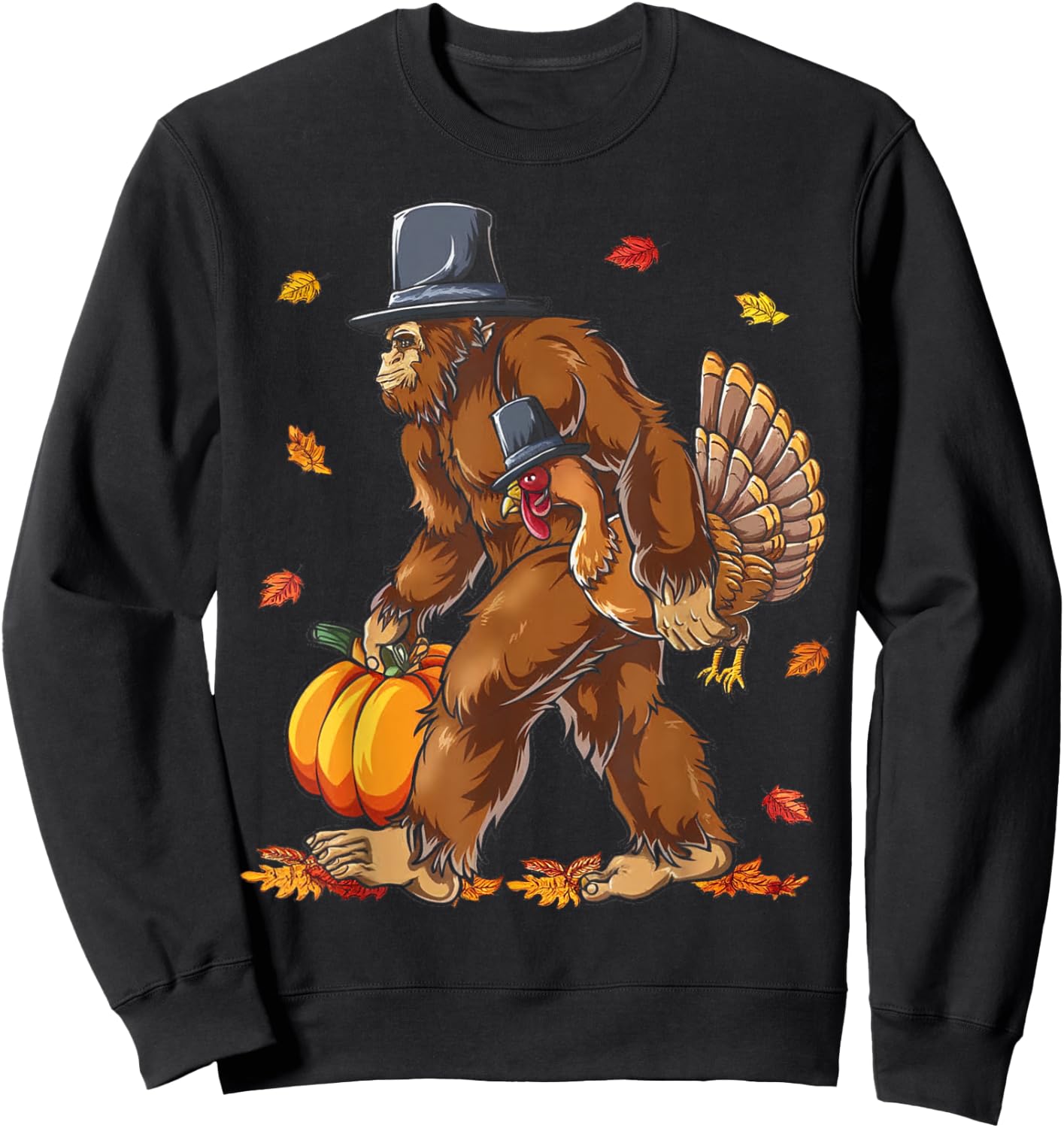 Bigfoot Pilgrim Turkey Pumpkin Funny Thanksgiving Sasquatch Sweatshirt - Sweatshirt | Black
