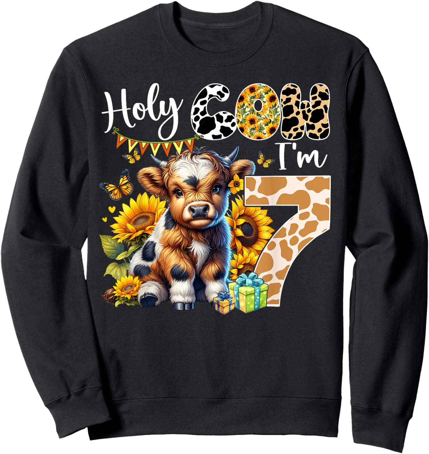 Holy Cow I’m 7 Years Old Dairy Cow Sunflowers 7th Birthday Sweatshirt - Sweatshirt | Black
