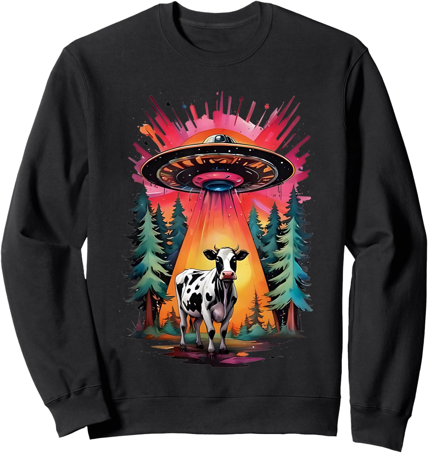 Vintage UFO Cow Abduction Alien Sweatshirt - Sweatshirt | Black