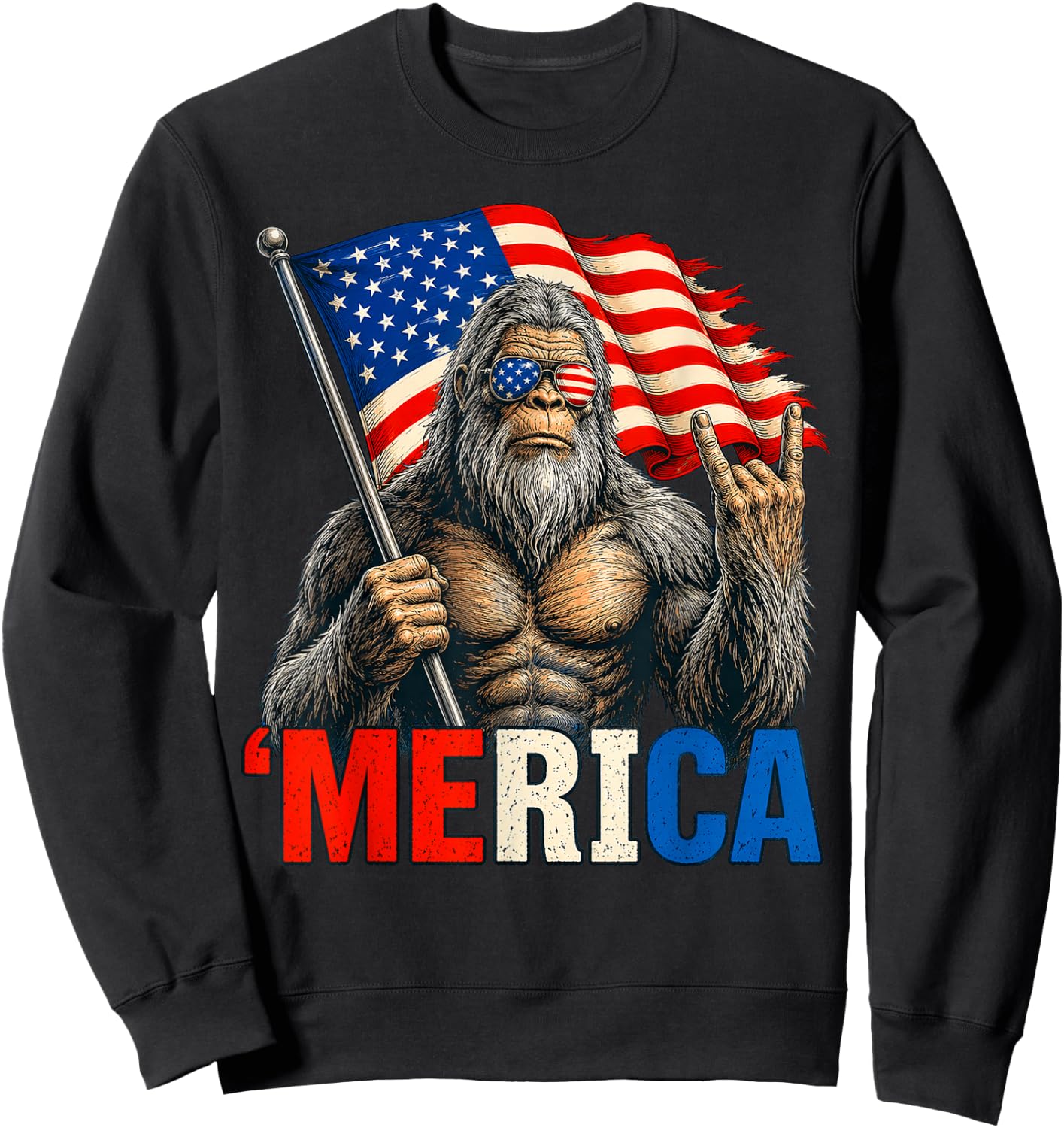 Bigfoot Merica Rock American Flag Patriotic 4th of July Sweatshirt - Sweatshirt | Black