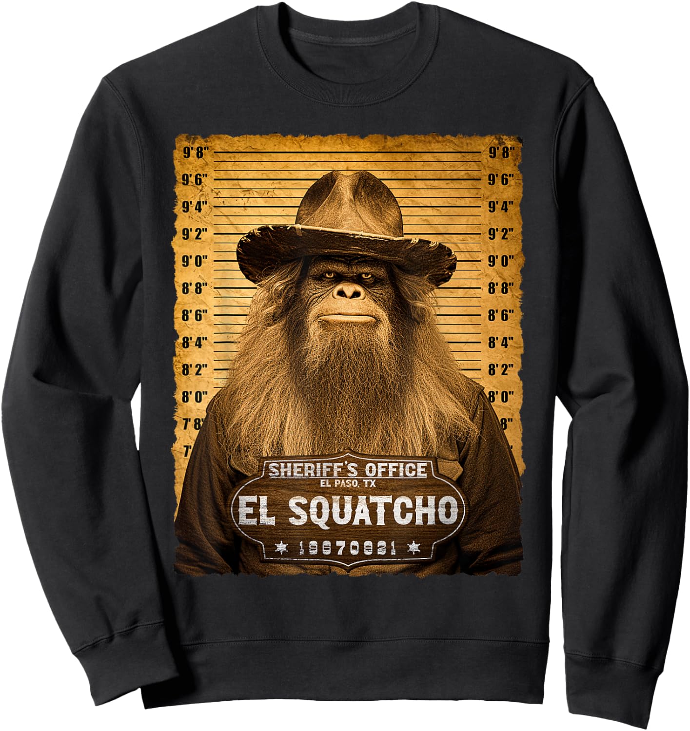 Funny Wanted El Squatcho - Sasquatch Bigfoot Lover Mugshot Sweatshirt - Sweatshirt | Black