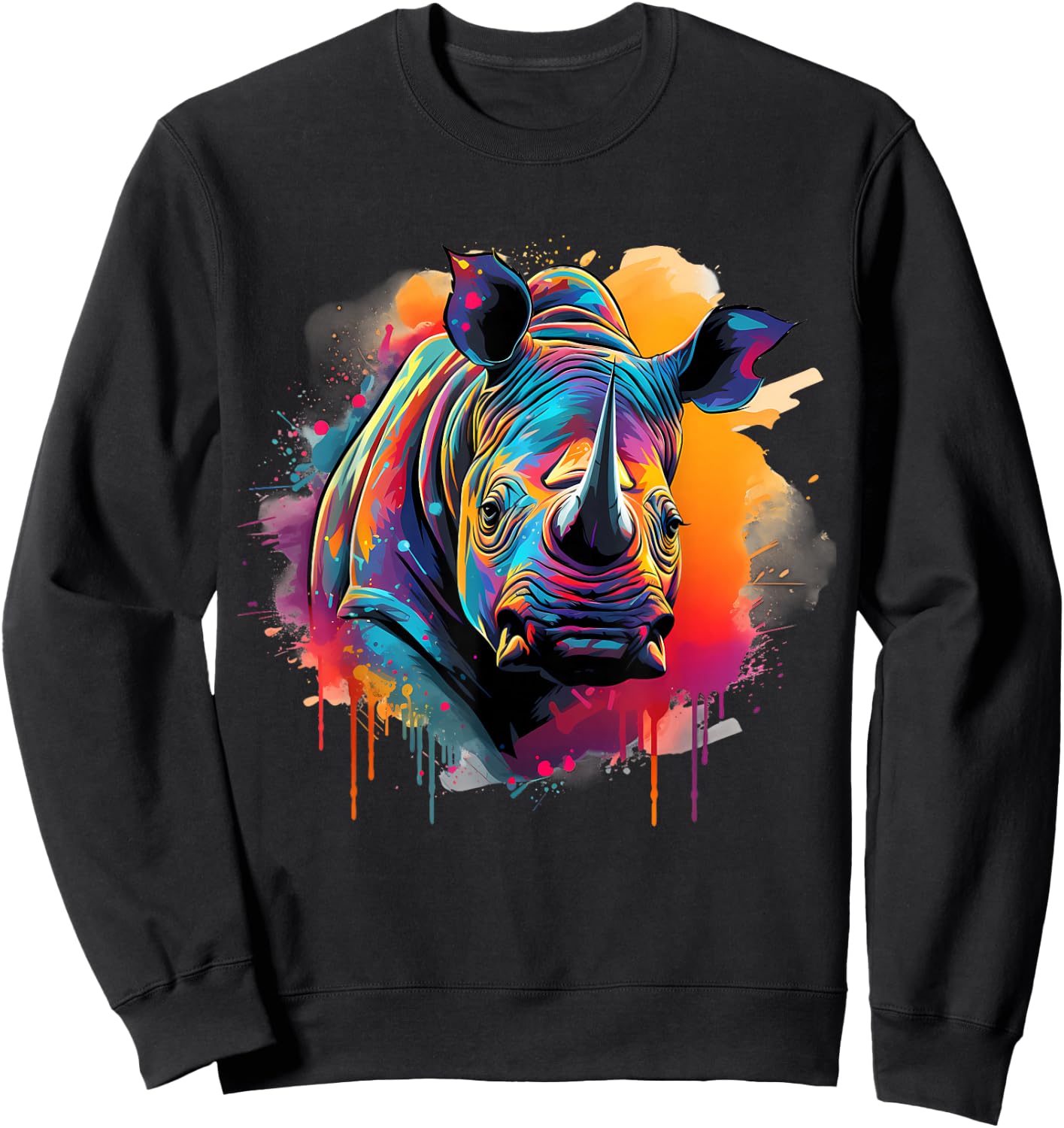 Rhinoceros Artwork Portrait Animal Art Colorful Splash Rhino Sweatshirt - Sweatshirt | Black