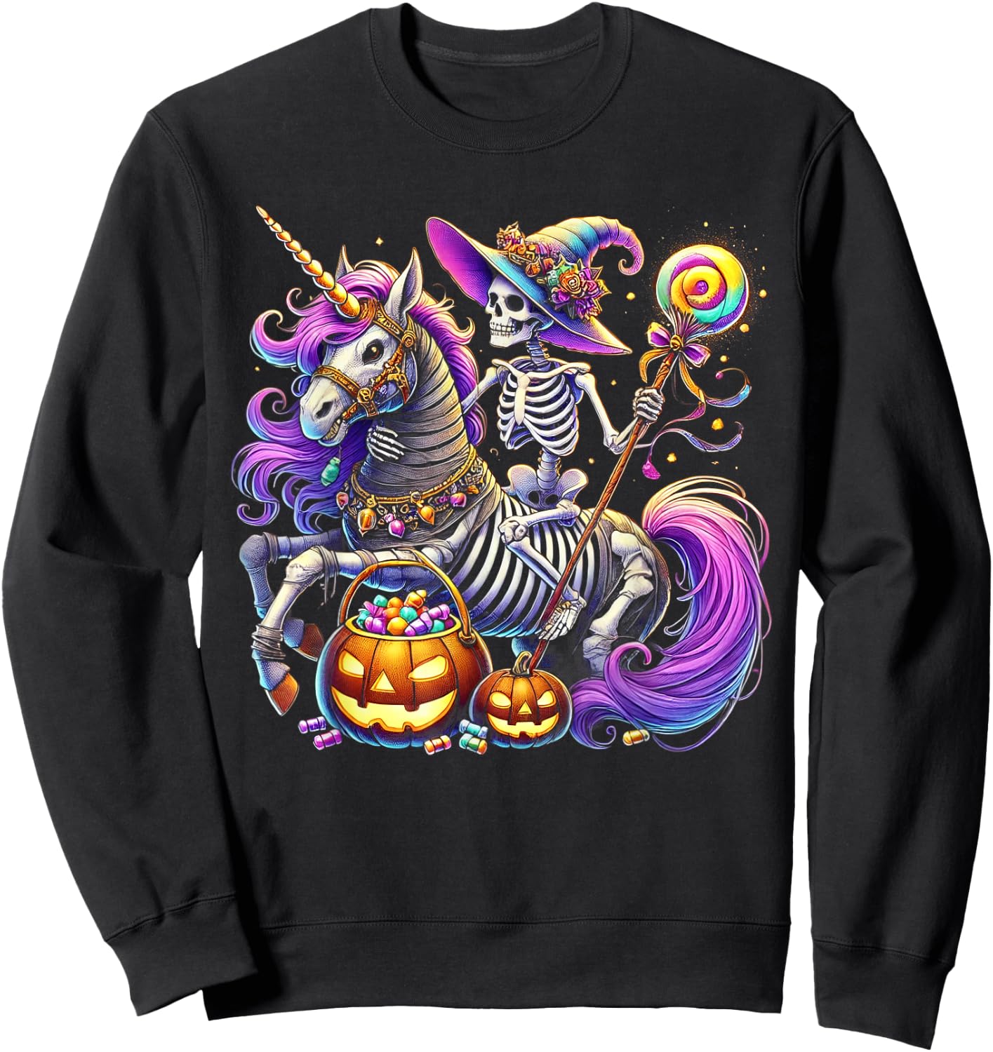 Skeleton Riding Skeleton Unicorn Halloween Costume Sweatshirt - Sweatshirt | Black
