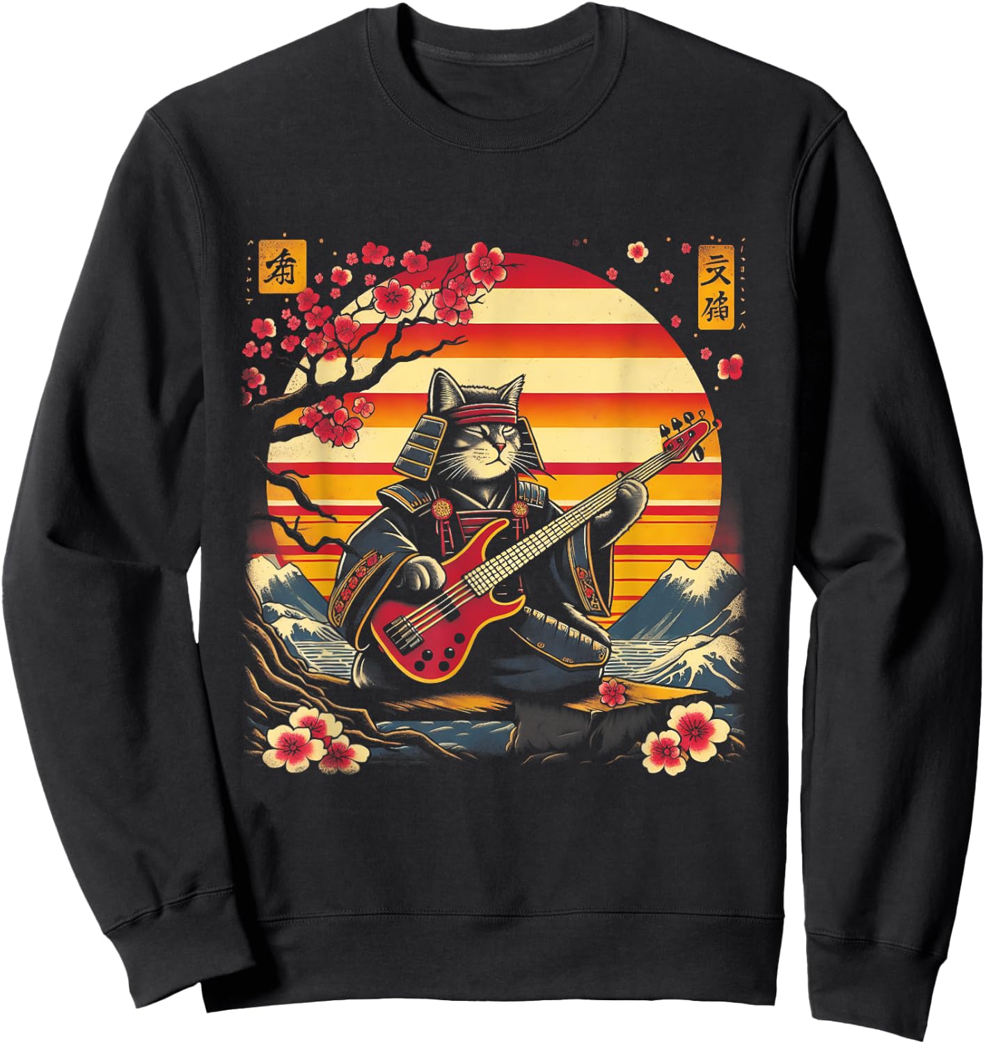 Japanese Samurai Cat Playing The Bass Ninja Kitten Warriors Women Sweatshirt - Sweatshirt | Black