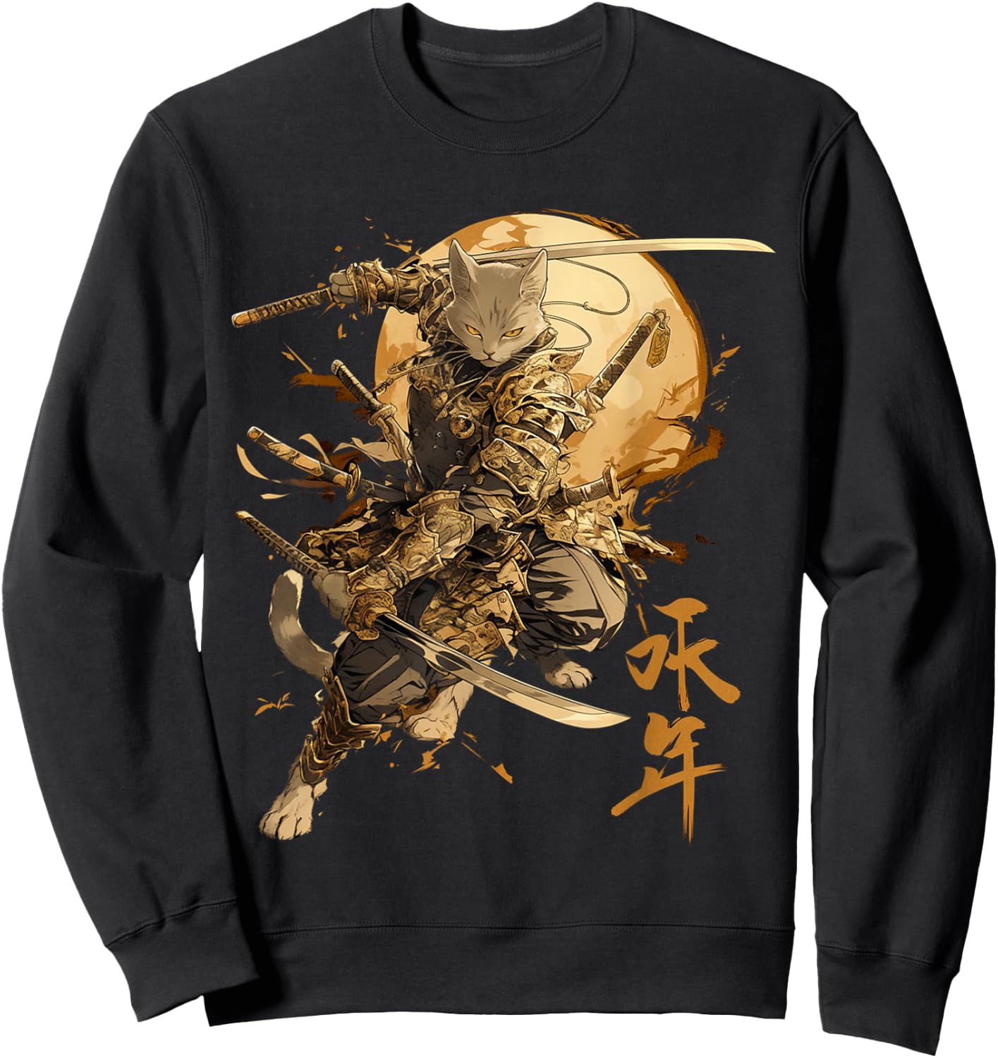 Japanese Art Cat Ninja Ukiyo-e Anime Style Samurai Cat , Black, S Sweatshirt - Sweatshirt | Black