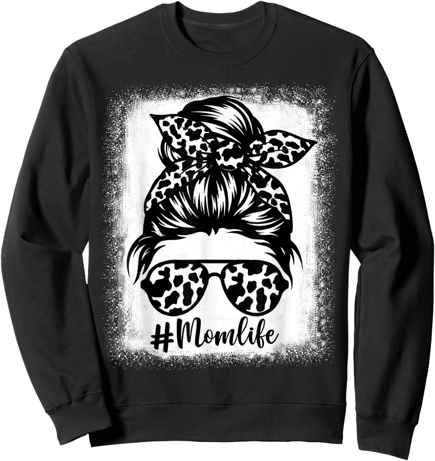 Women Mom Life Cow print Bleached, Cow Mama Heifer Messy Bun Sweatshirt - Sweatshirt | Black