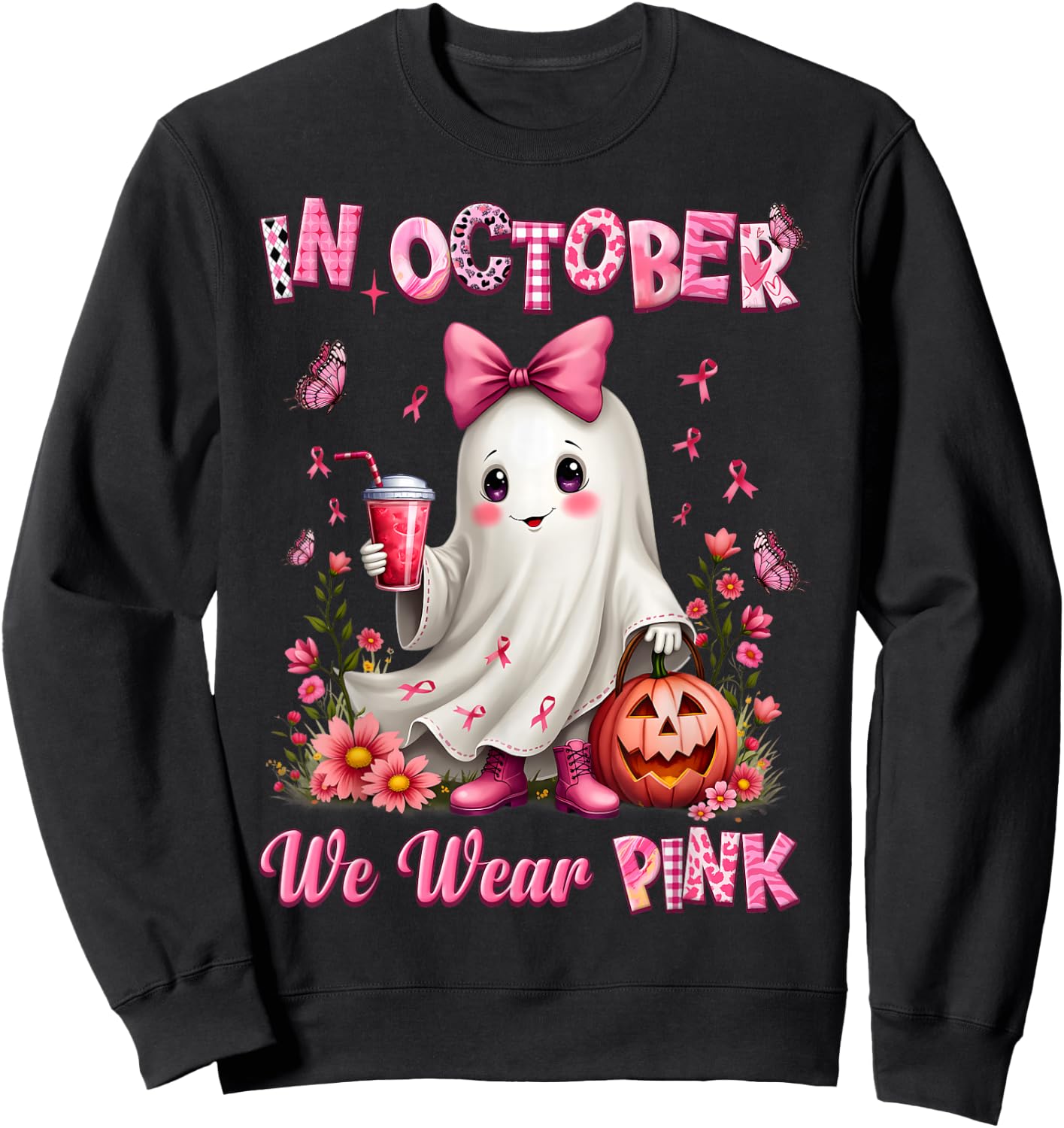 In October We Wear Pink Ghost Breast Cancer Awareness Sweatshirt - Sweatshirt | Black