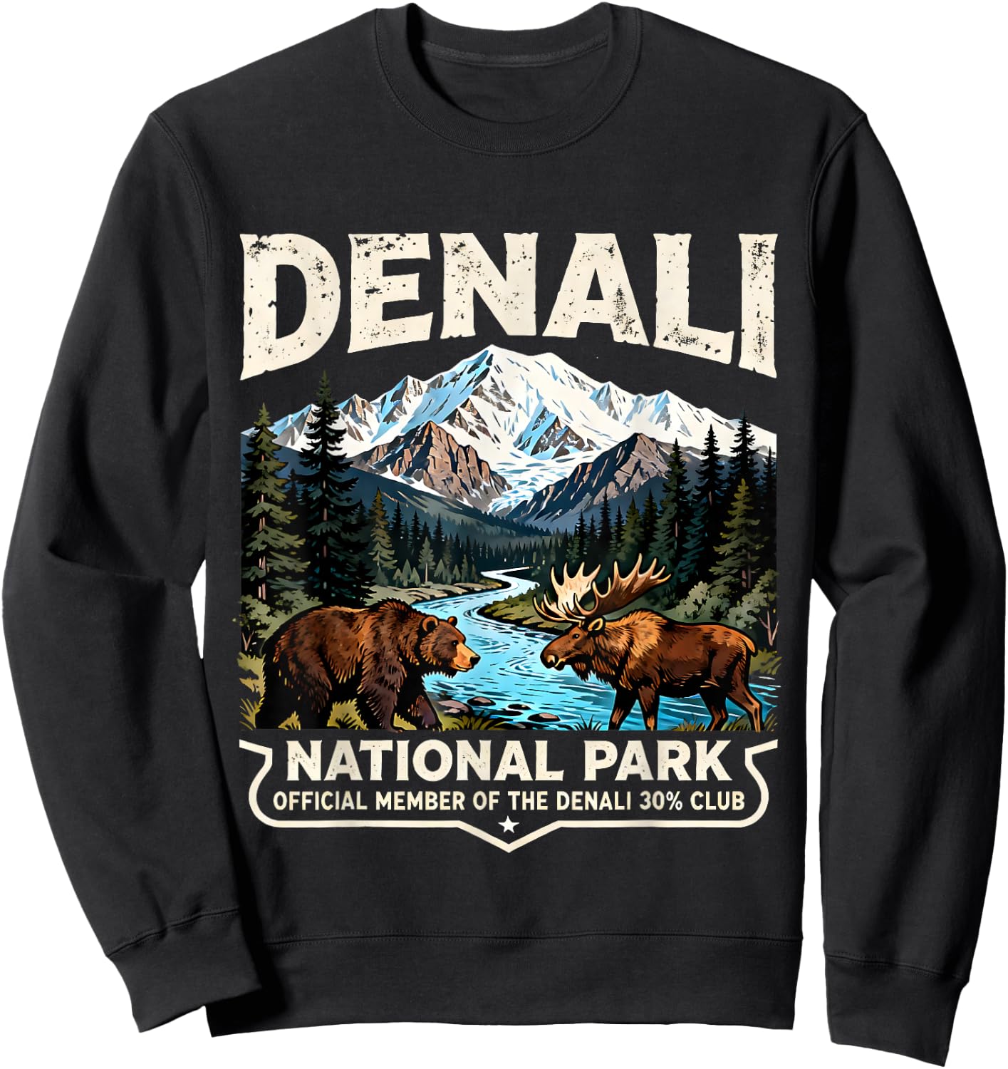 Retro Denali 30% Club Souvenir for Alaska Travel Lovers Sweatshirt - Sweatshirt | Black