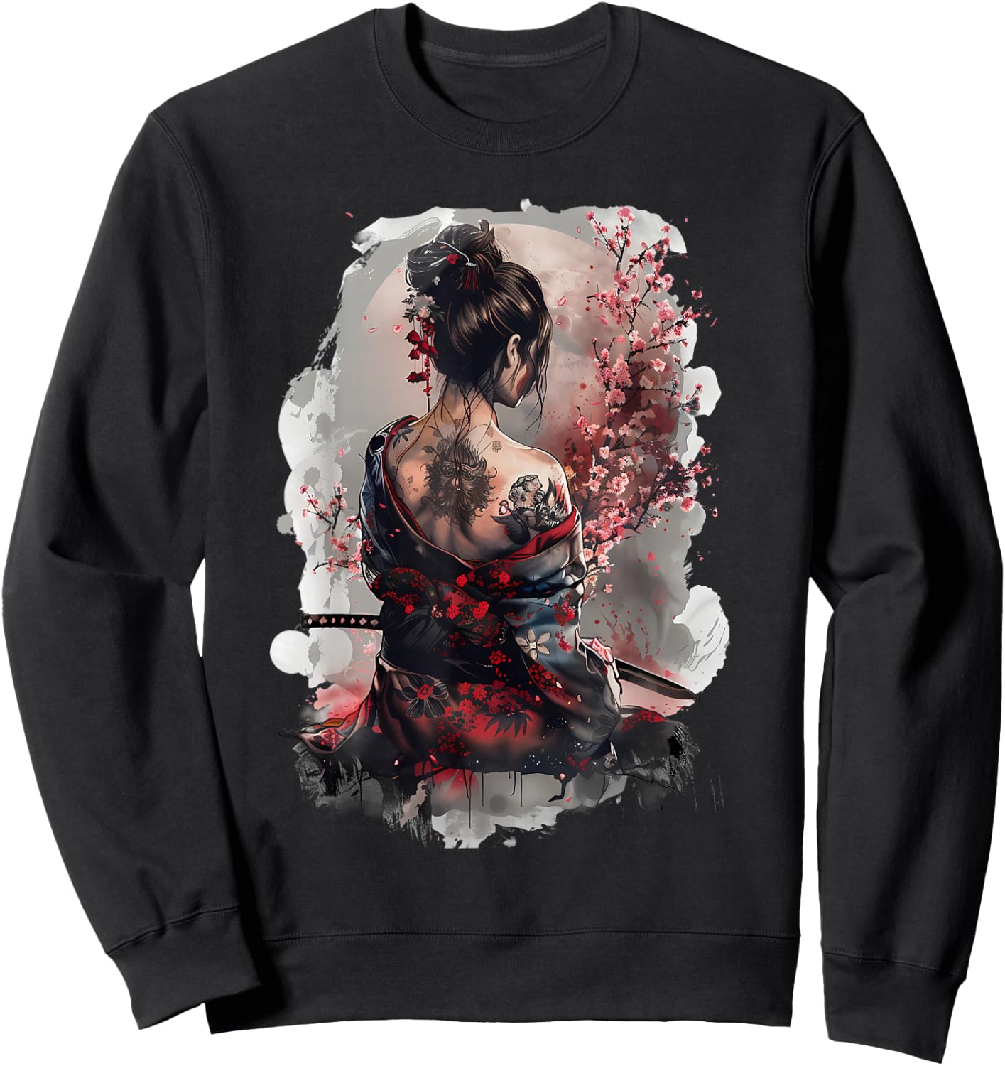 Japanese Samurai Girl Sakura Cherry Blossom Japanese Geisha , black Sweatshirt - Sweatshirt | Black