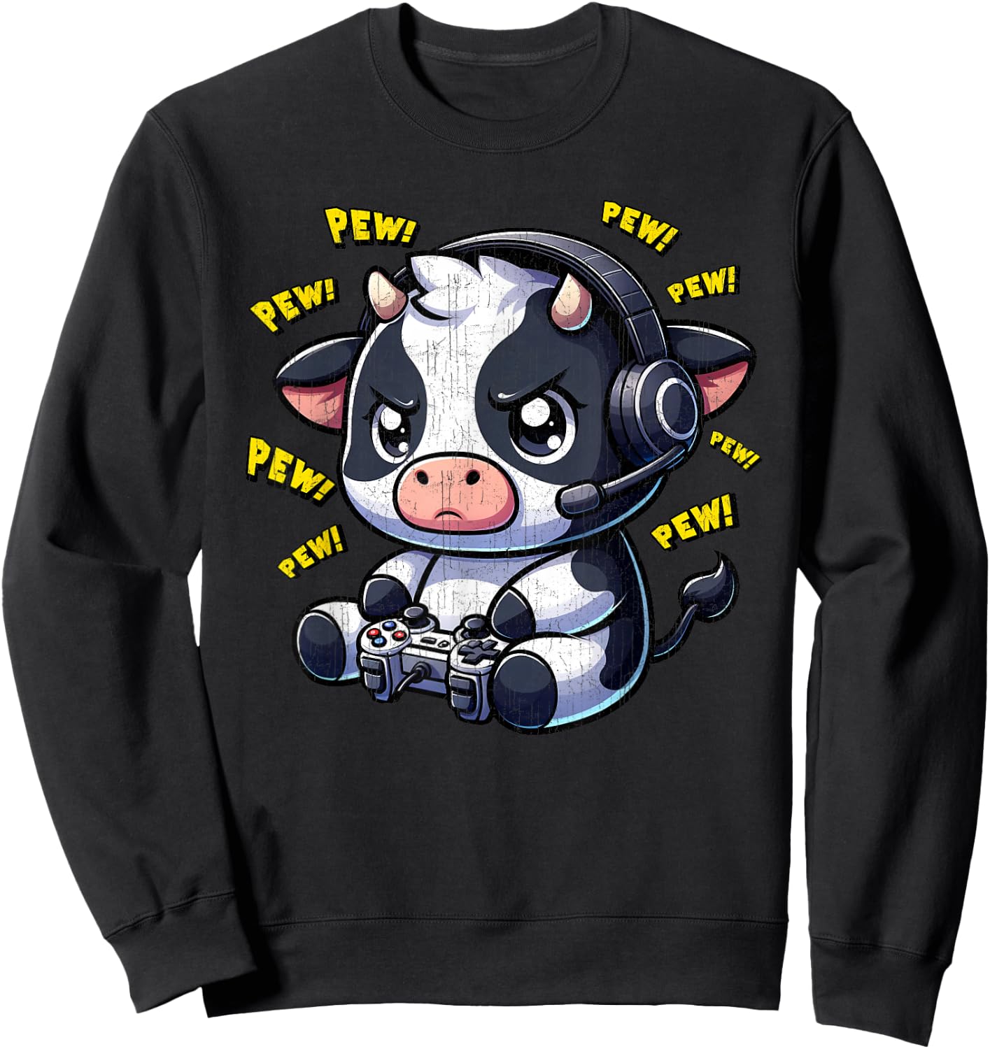 Cow Gamer Pew Funny Video Games Vintage Boys Men Girls Sweatshirt - Sweatshirt | Black
