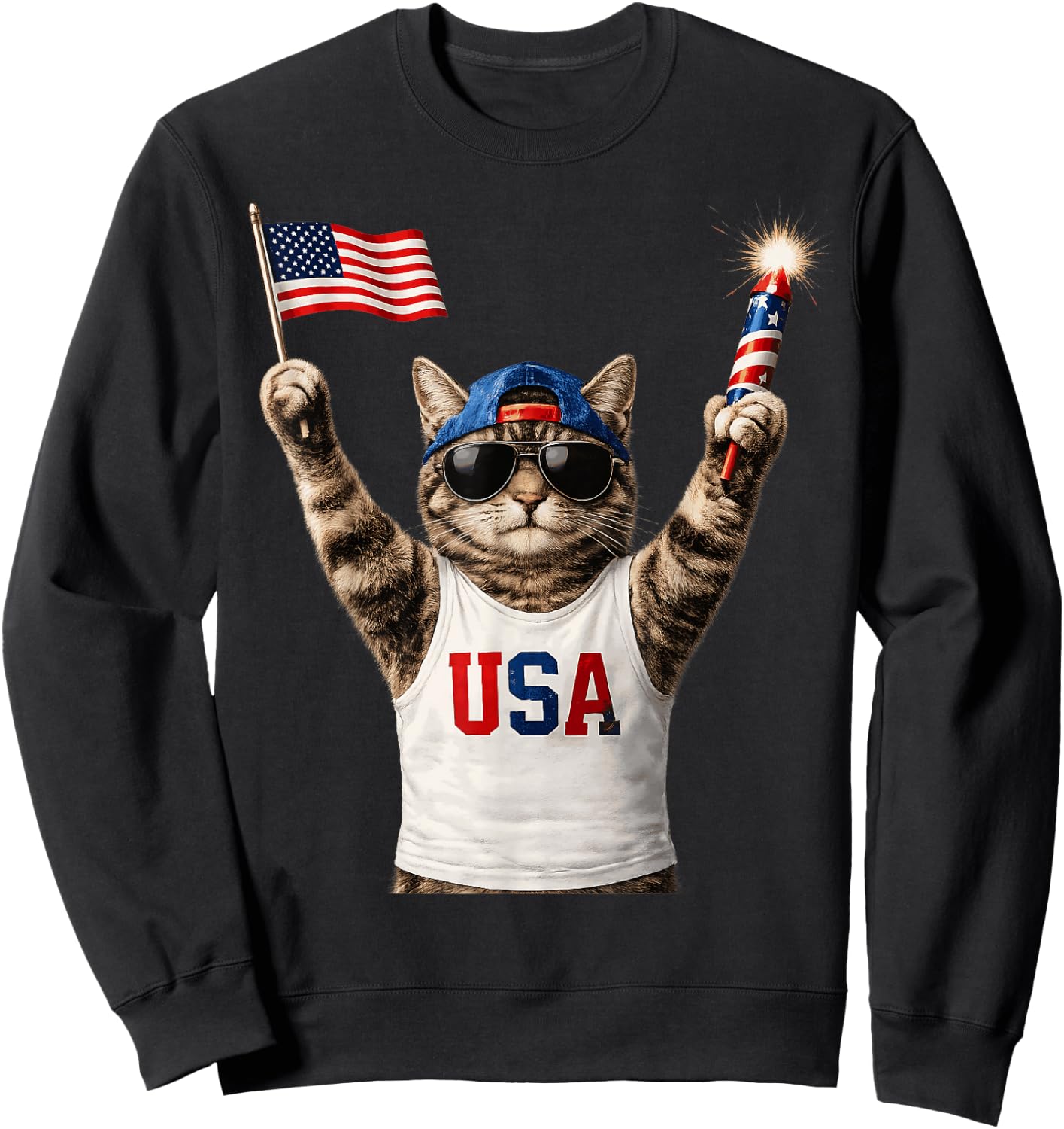 Funny Patriotic Cat USA Flag Fireworks America 250 Sweatshirt - Sweatshirt | Black