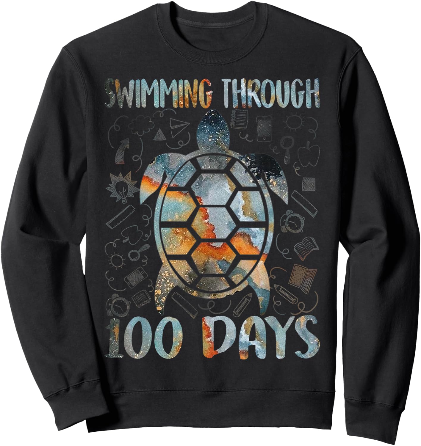Turtle Sea Swimming Through 100 Days Of School Teacher Men Women Kids Sweatshirt - Sweatshirt | Black