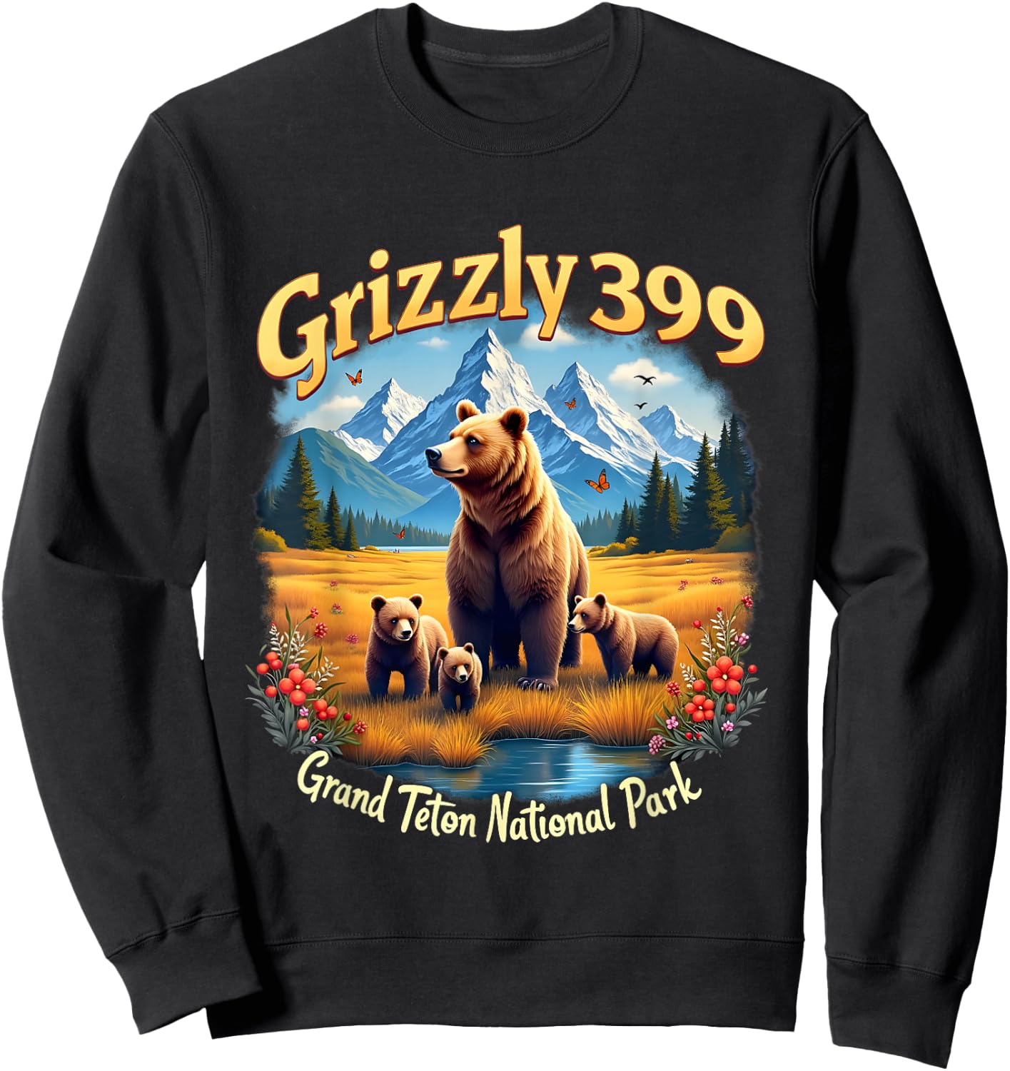Retro Bear Grizzly 399 Wild & Free Grand Teton National Park Sweatshirt - Sweatshirt | Black